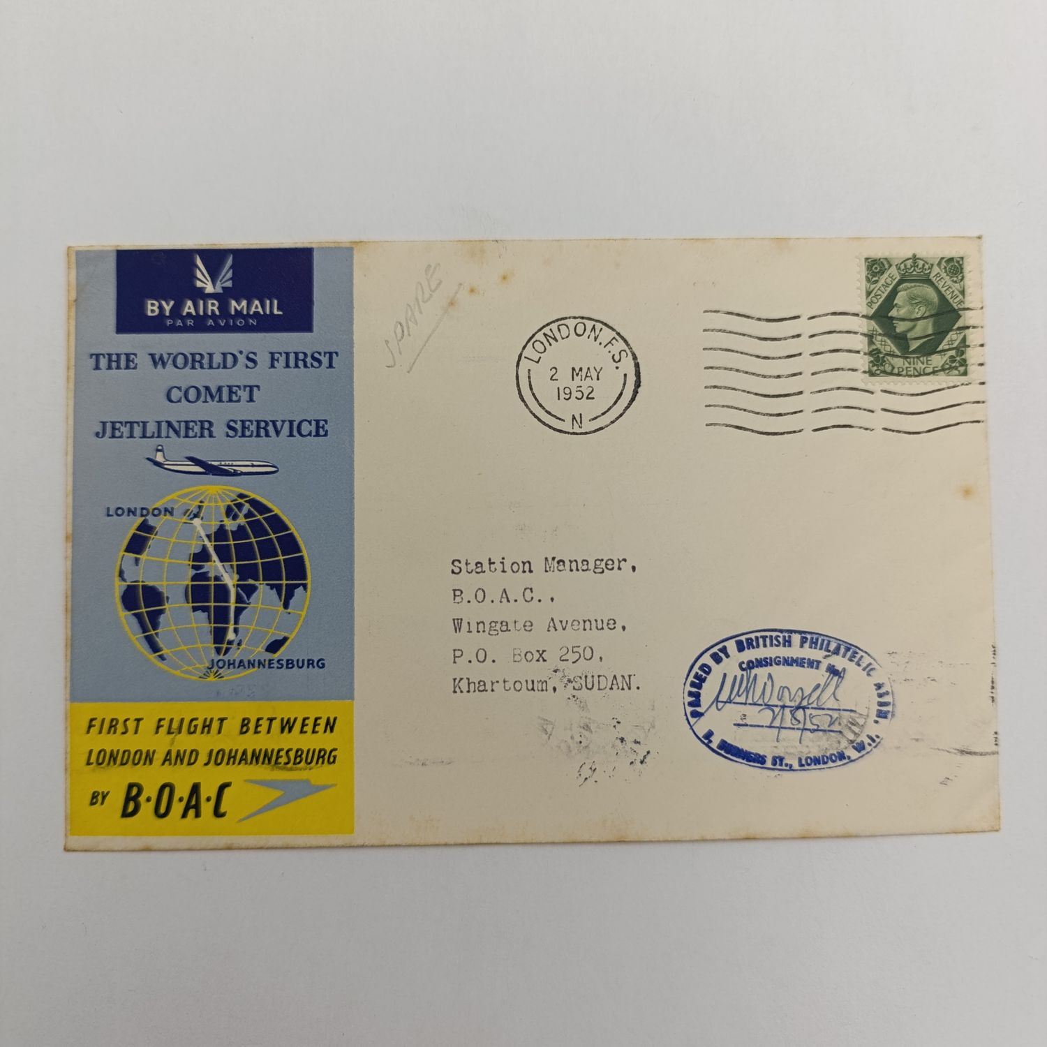 Airmail cover from London to Khartoum, Sudan - 2 May 1952 with 9 pence British stamp - First Flight between London and Johannesburg by B.O.A.C - Back cover Khartoum 3 May 1952 cancellation