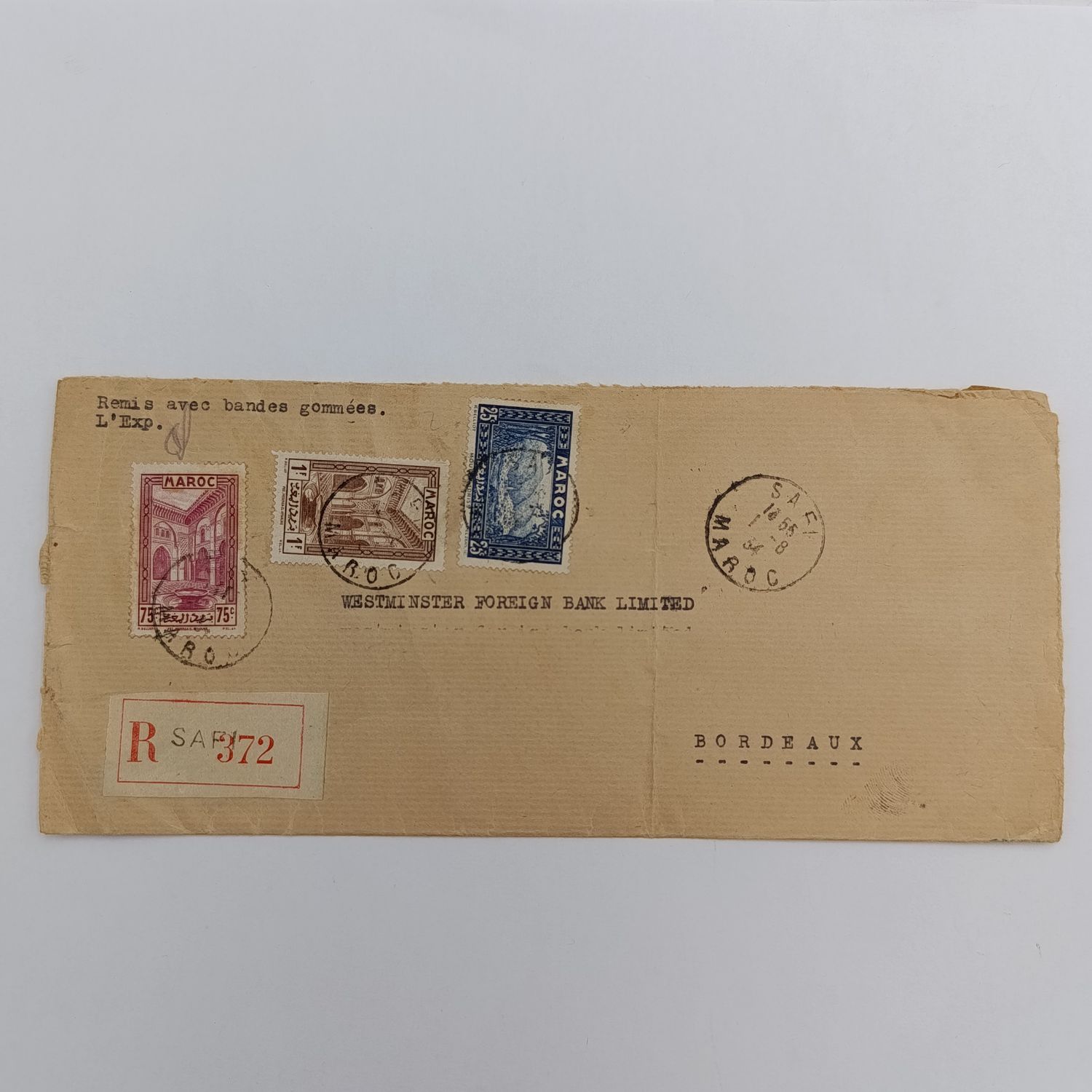Registered postal cover from Safi, Morocco to Bordeaux, France - 1934 - with 3 Moroccan stamps