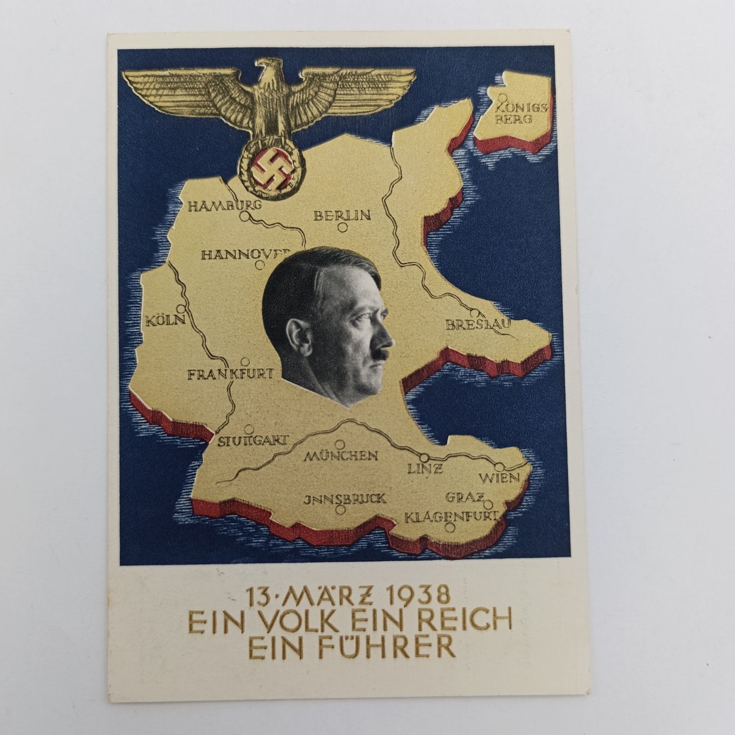 Hitler on map of Germany - 13 March 1938 Ein Volk - Ein Reich - Ein Fuhrer - used Fahrbares Postant Wien