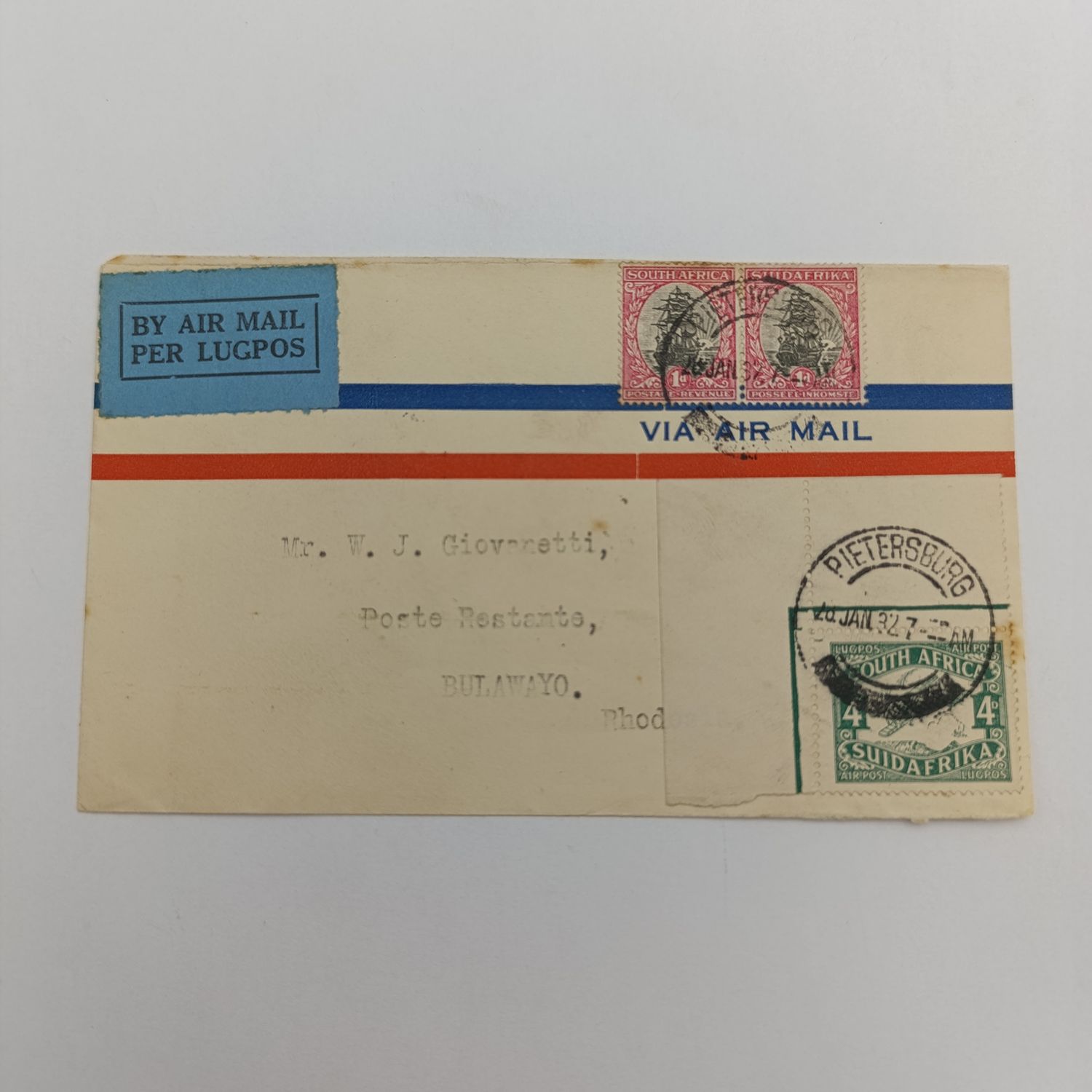 Airmail cover from Pietersburg, South Africa to Bulawayo, Rhodesia 28 January 1932