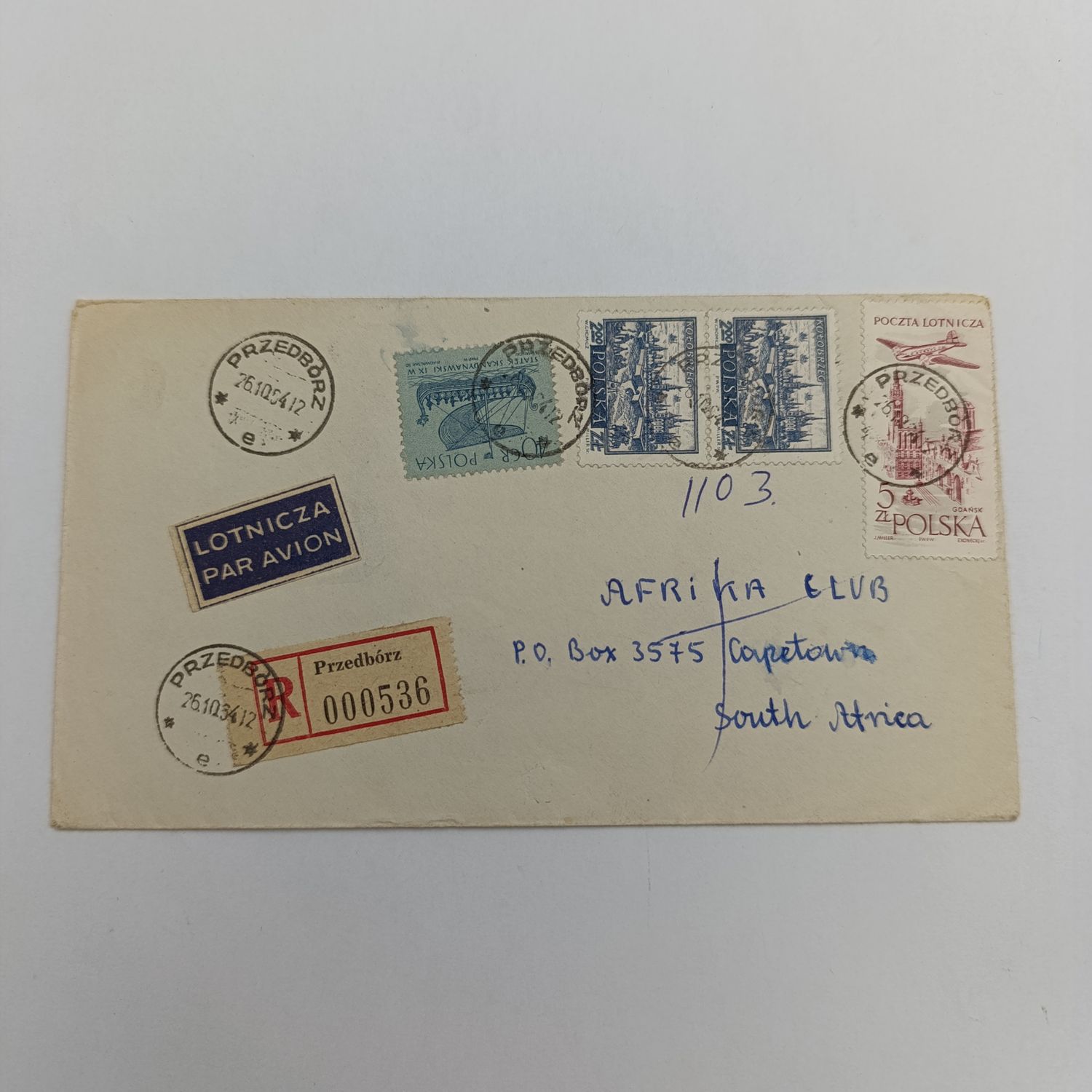 Registered airmail cover from Przedborz, Poland to Cape Town South Africa