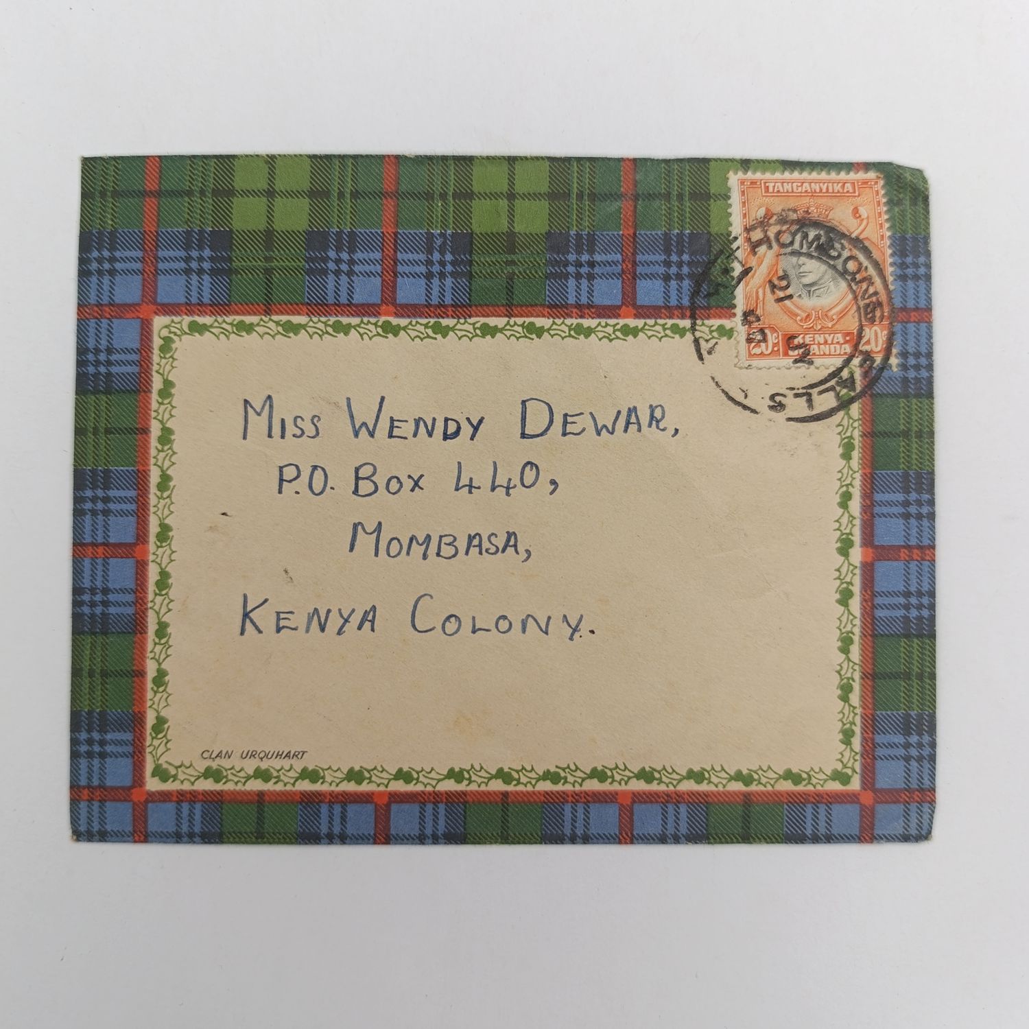 Postal cover 1947 Thompson&#39;s Falls to Mombasa Kenya on Scottish tartan cover
