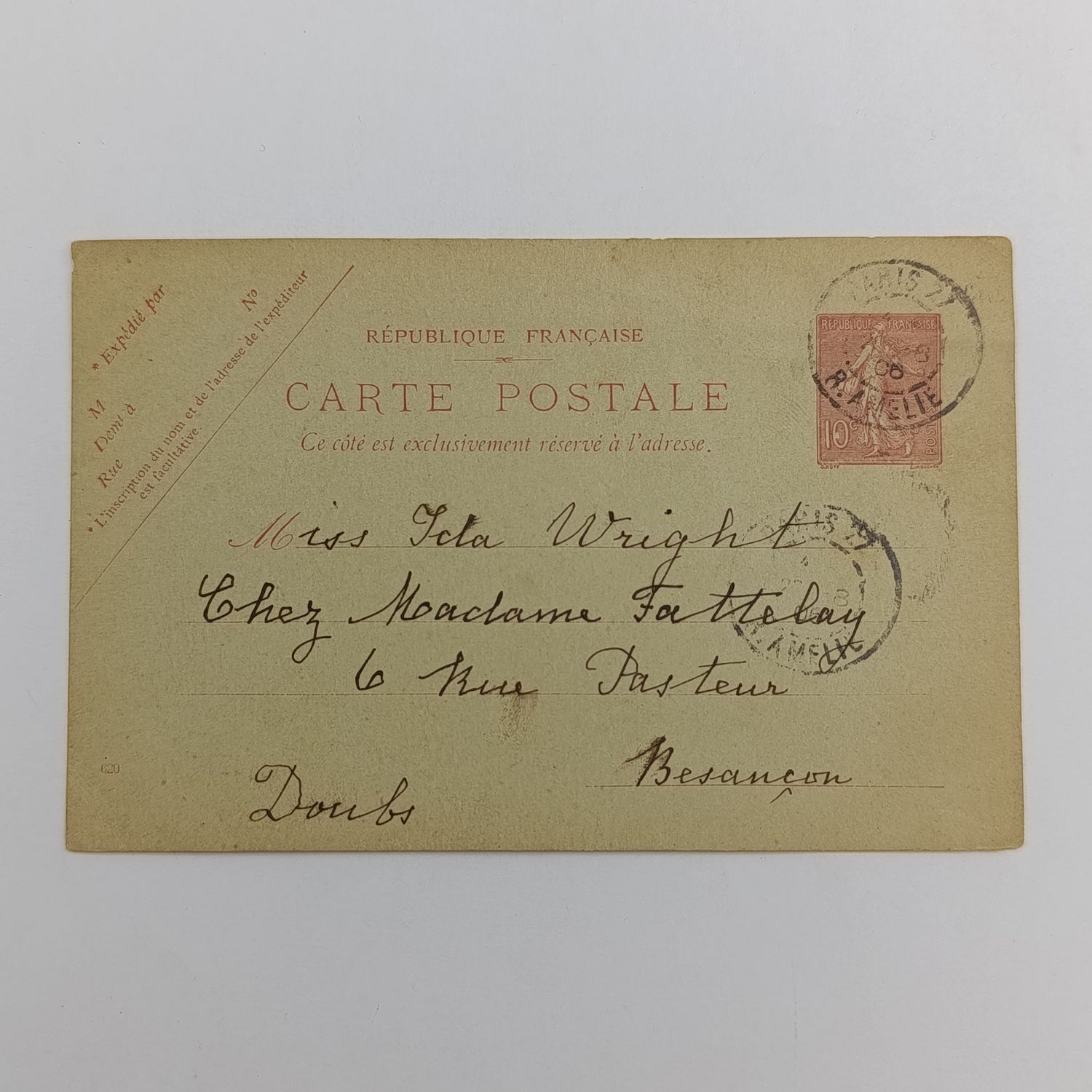 1906 French postcard to Lela Wright - pre printed 10c postage Paris to Bensancon