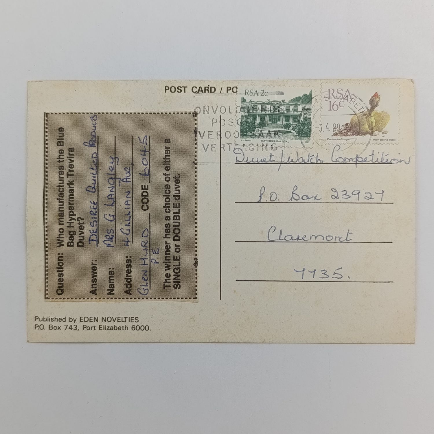 1989 Postcard Port Elizabeth to Claremont - Port Elizabeth by Night - 2 RSA stamps