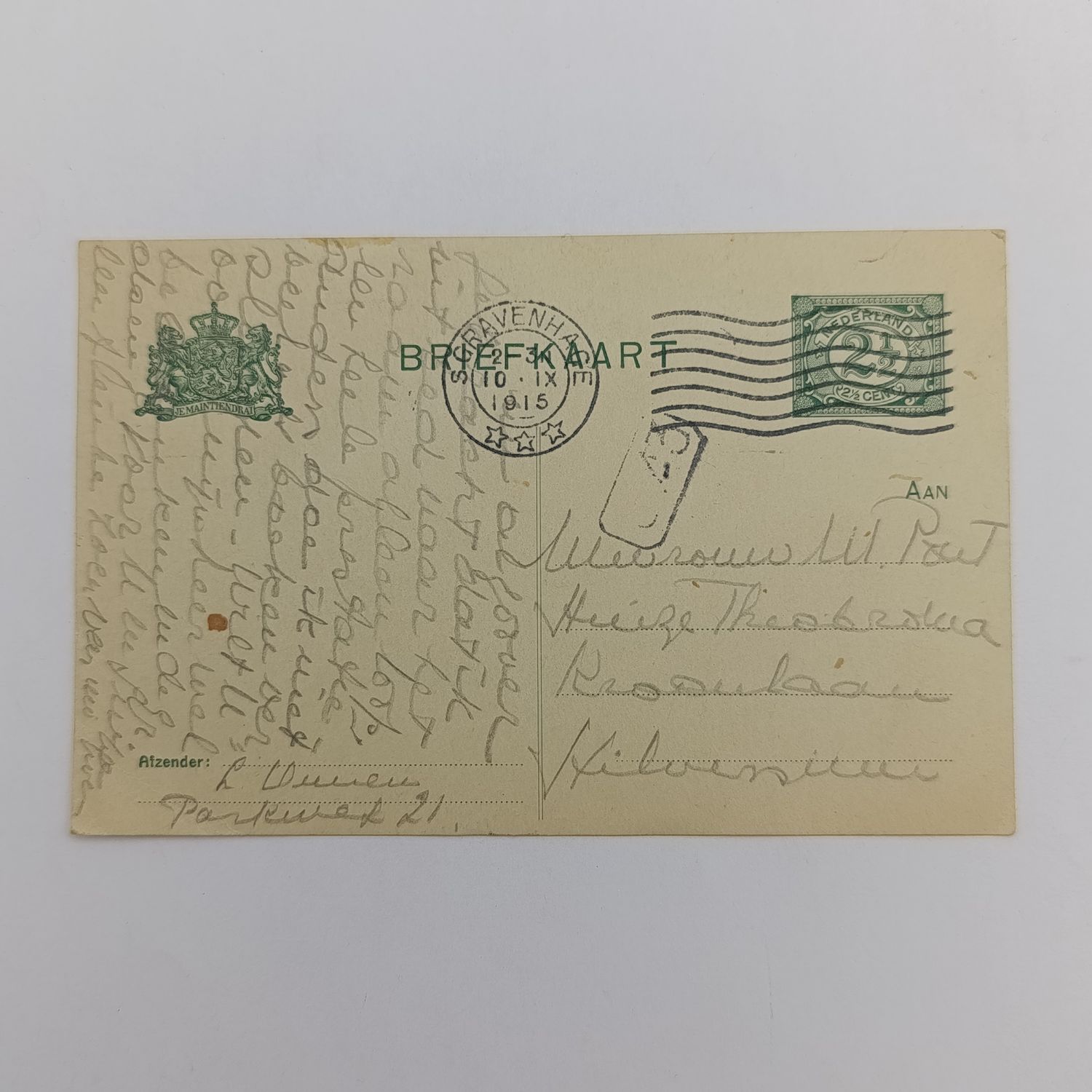 1915 WW1 Postcard Gravenhage (printed Sgravenhage) to Hilversum - preprinted 2 1/2c postage