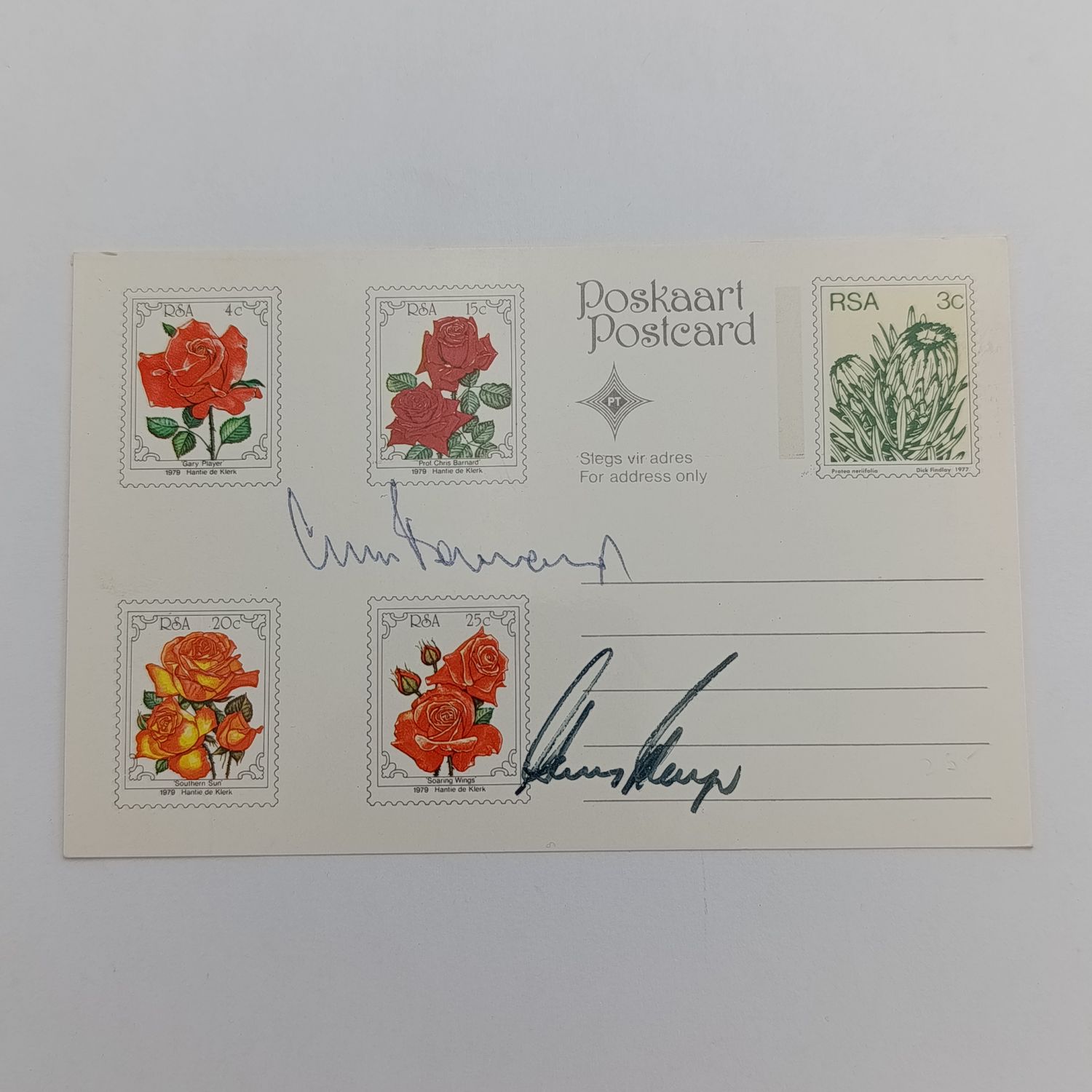 1979 South Africa Rose postcard with Gary Player and Prof Chris Barnard roses - signed by them both
