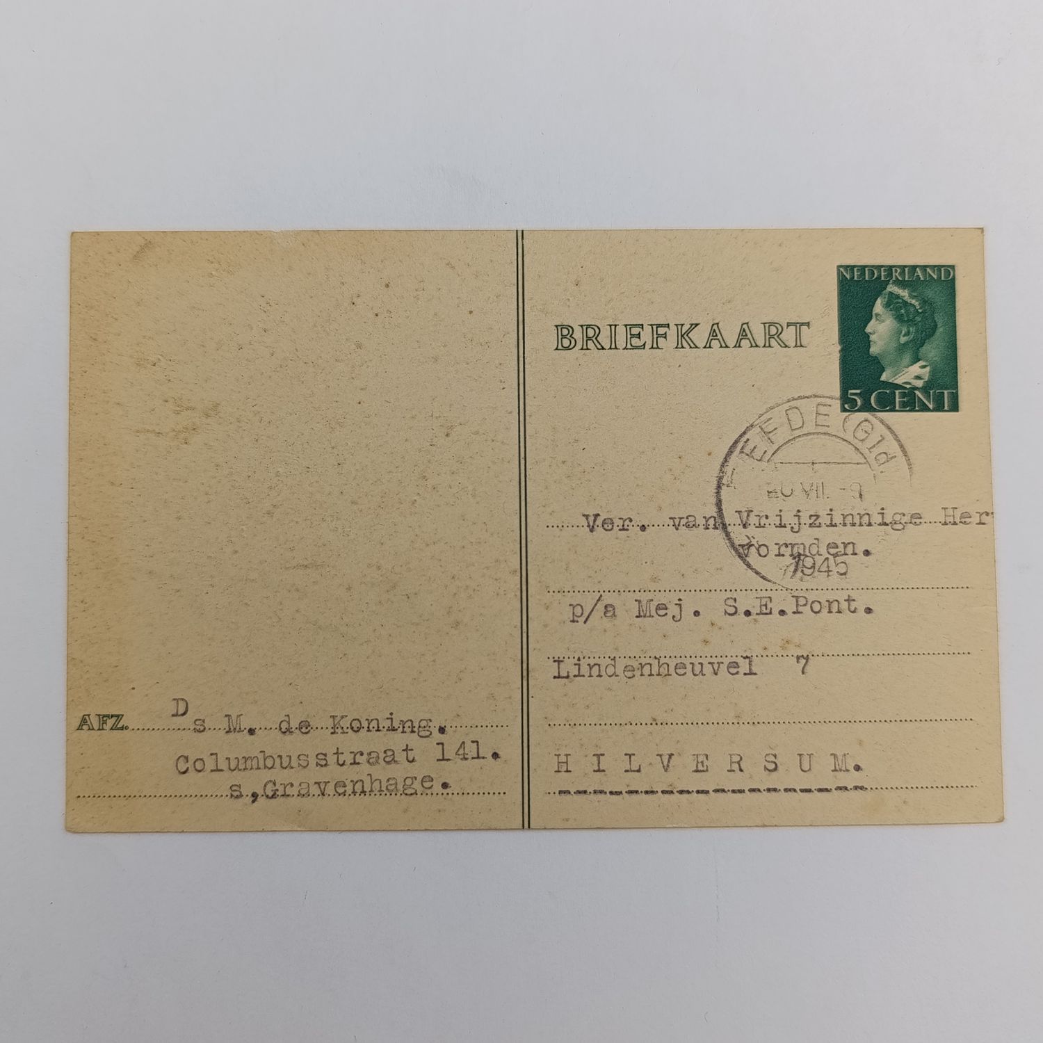 1945 Prepaid 5 cent Netherlands postcard - post WW2 where Ds. M de Koning states that he makes his service available - Signed by him. He later joined the Zweeloo congregation and died in 1953