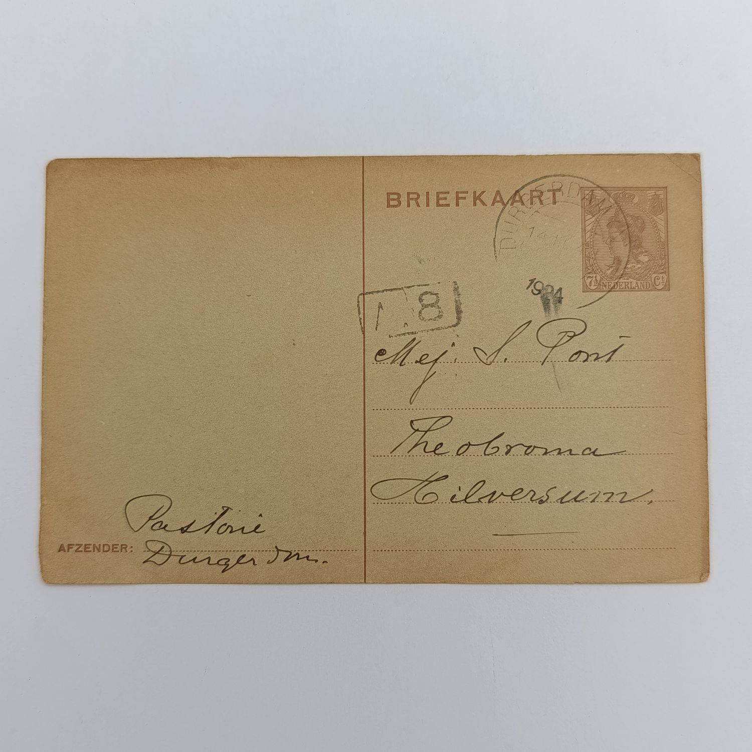 1924 Pre printed postage postcard with 7 1/2 cent postage from Durgerdam to Hilversum Holland