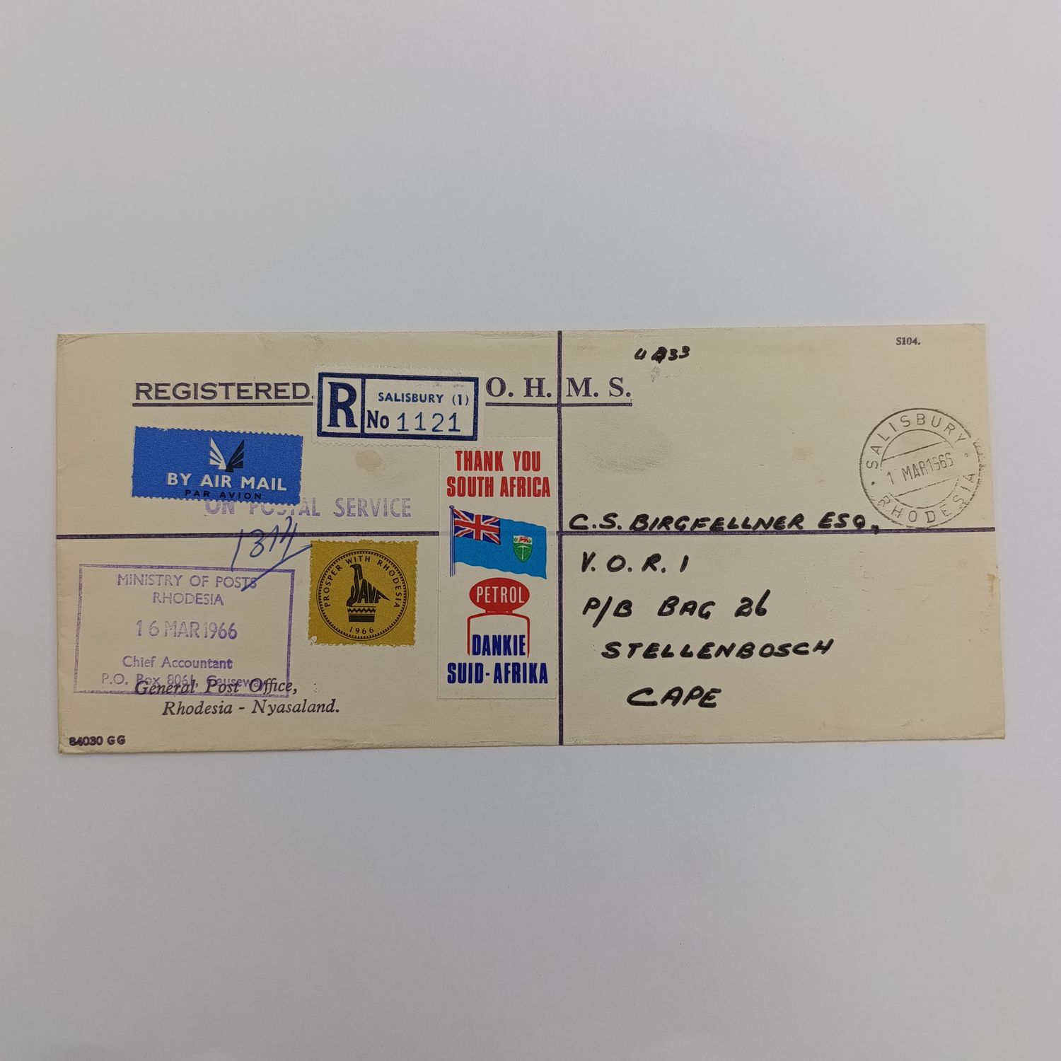 Airmail  Registered cover from Salisbury, Rhodesia to Stellenbosch, South Africa