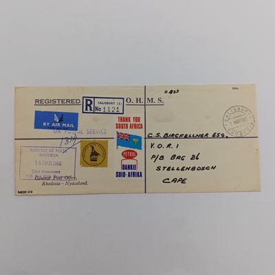 Airmail  Registered cover from Salisbury, Rhodesia to Stellenbosch, South Africa