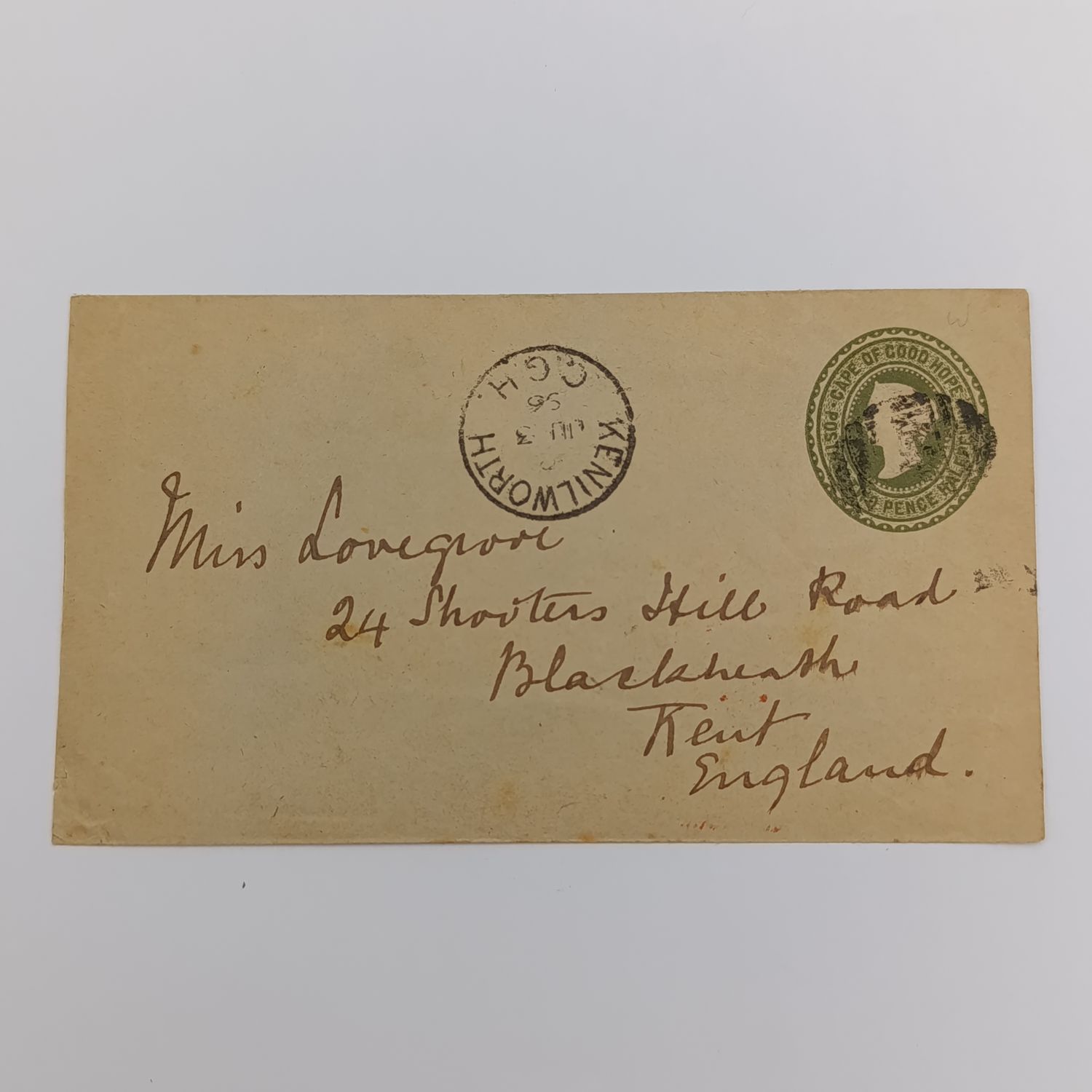 1896 letter on prepaid 2 1/2 pence envelope from Kenilworth, Cape of Good Hope to Kent, England with London receiving cancel on back