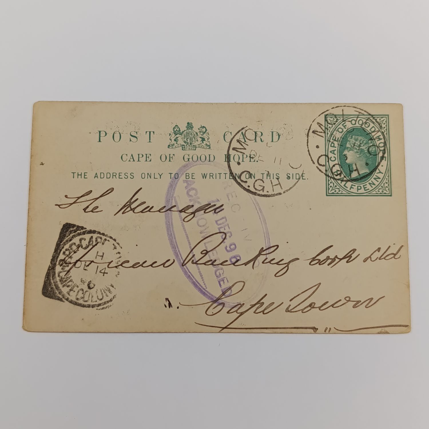 Pre Printed postage postcard - Molteno, Cape of Good Hope to Cape Colony 1896 with receipt Acknowledged rubber cancel - African Banking Corporation card