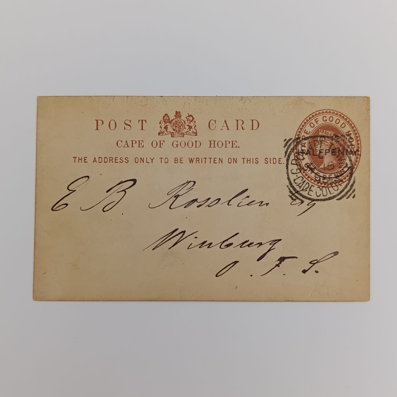 1895 Prepaid one penny postcard Cape Town to Winburg, Orange Free State with N of One in one Half Penny overprint left side omitted - Cape Colony cancellation front and Winburg OVS back