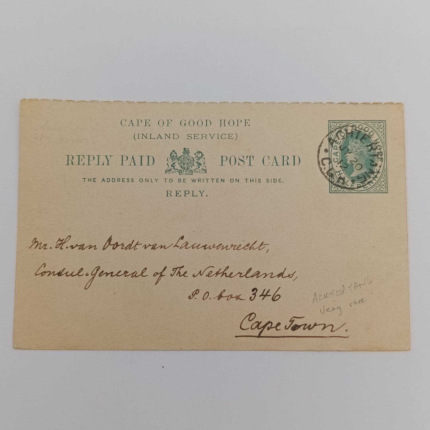 1912 Cape of Good Hope prepaid postcard posted Beervlei (Rare) to Cape Town