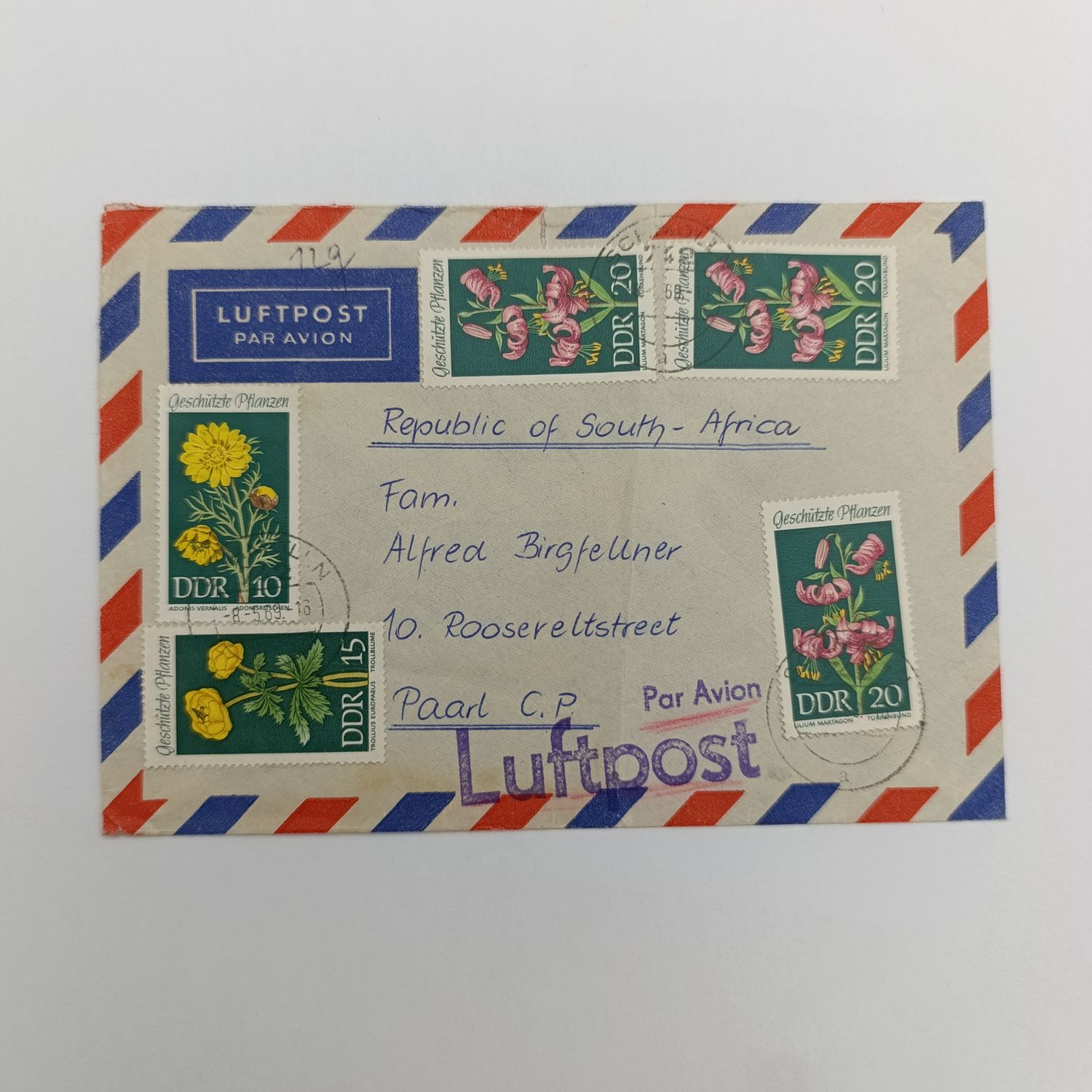 Airmail Cover from DDR (Germany) to Paarl, South Africa with pre printed airmail tag, Par Avion and Luftpost ink stamps 5 DDR Flower stamps cancelled on 8 May 1969