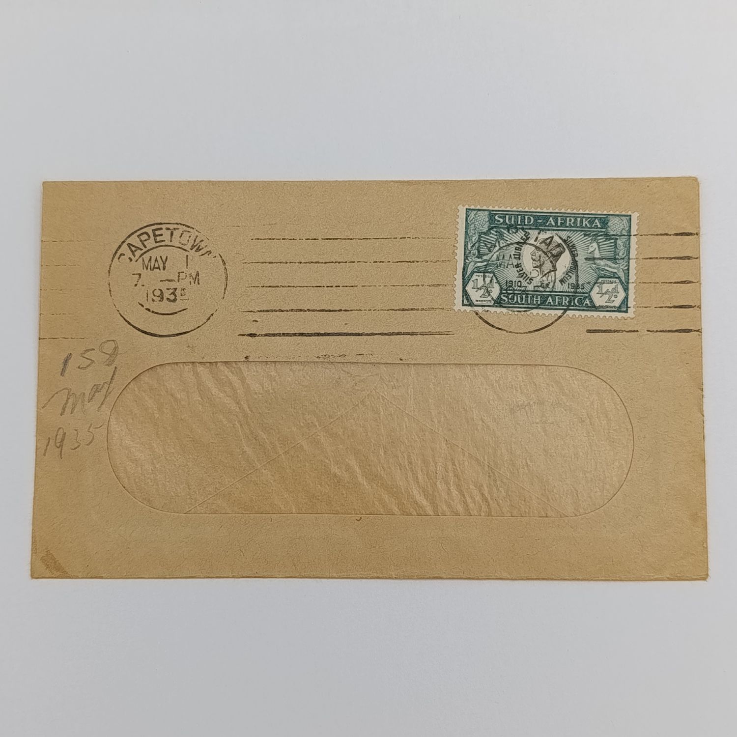 1935 Silver Jubilee George 5 South Africa 1/2d stamp with first day use on cover - cancelled Cape Town Backstamped Fishhoek