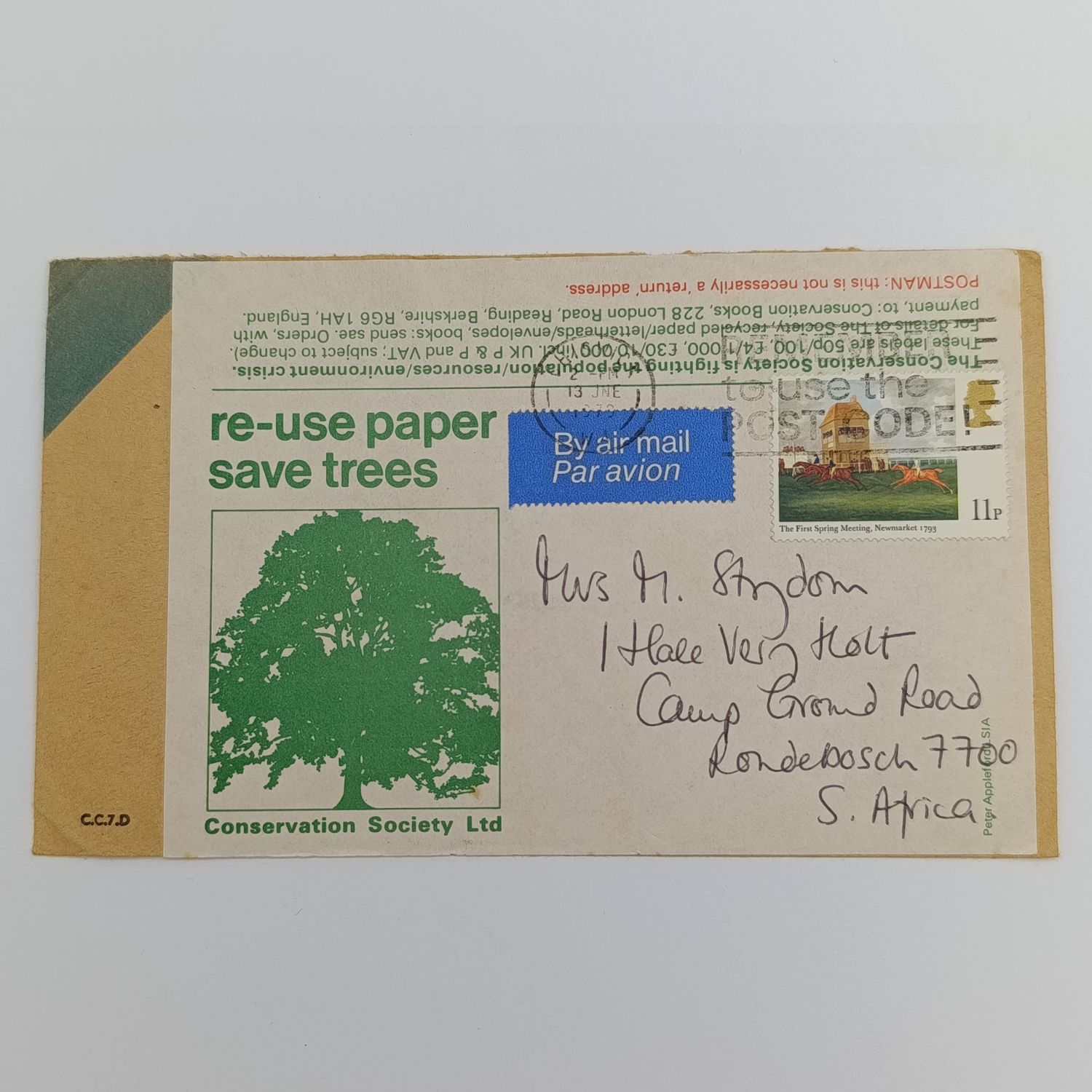 1979 Conservation society - Re-used paper Airmail cover from Chriswick, Britain to Rondebosch, South Africa
