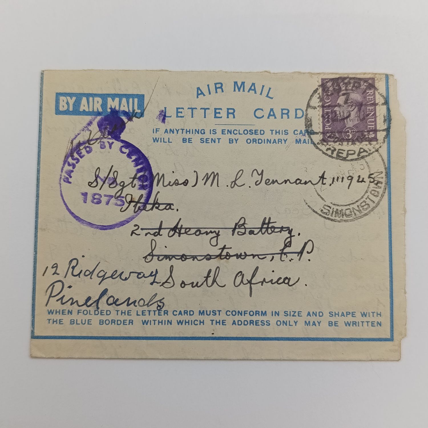 WW2 letter card Egypt to Simonstown, rerouted to Pinelands - Passed by Censor 1875 mark - mention of "Kaffirs Kraal" inside