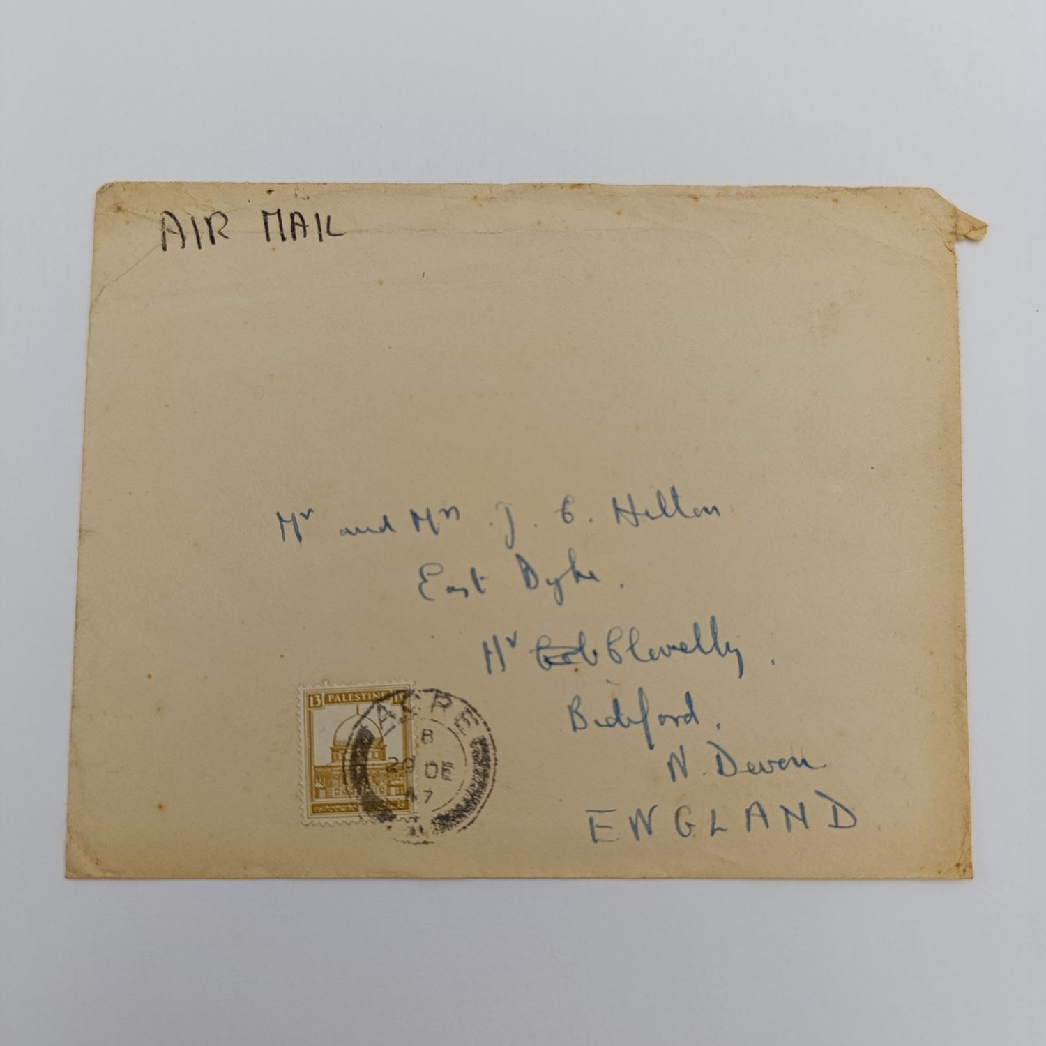 Airmail cover from Acre Israel to England with 13 Mils Palestine stamp - 20 December 1947