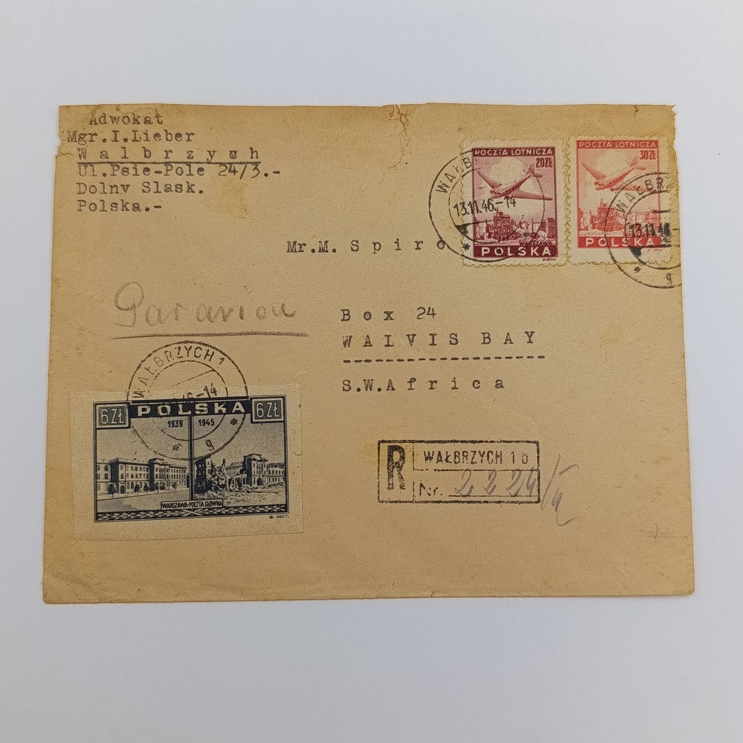 Registered postal cover from Walbrzych to Walvis Bay, SWA with 20Zt, 30Zt and 6Zt Polish stamps - 13 November 1946, back cover 30 November 1946 Walvis Bay, SWA, cancellation