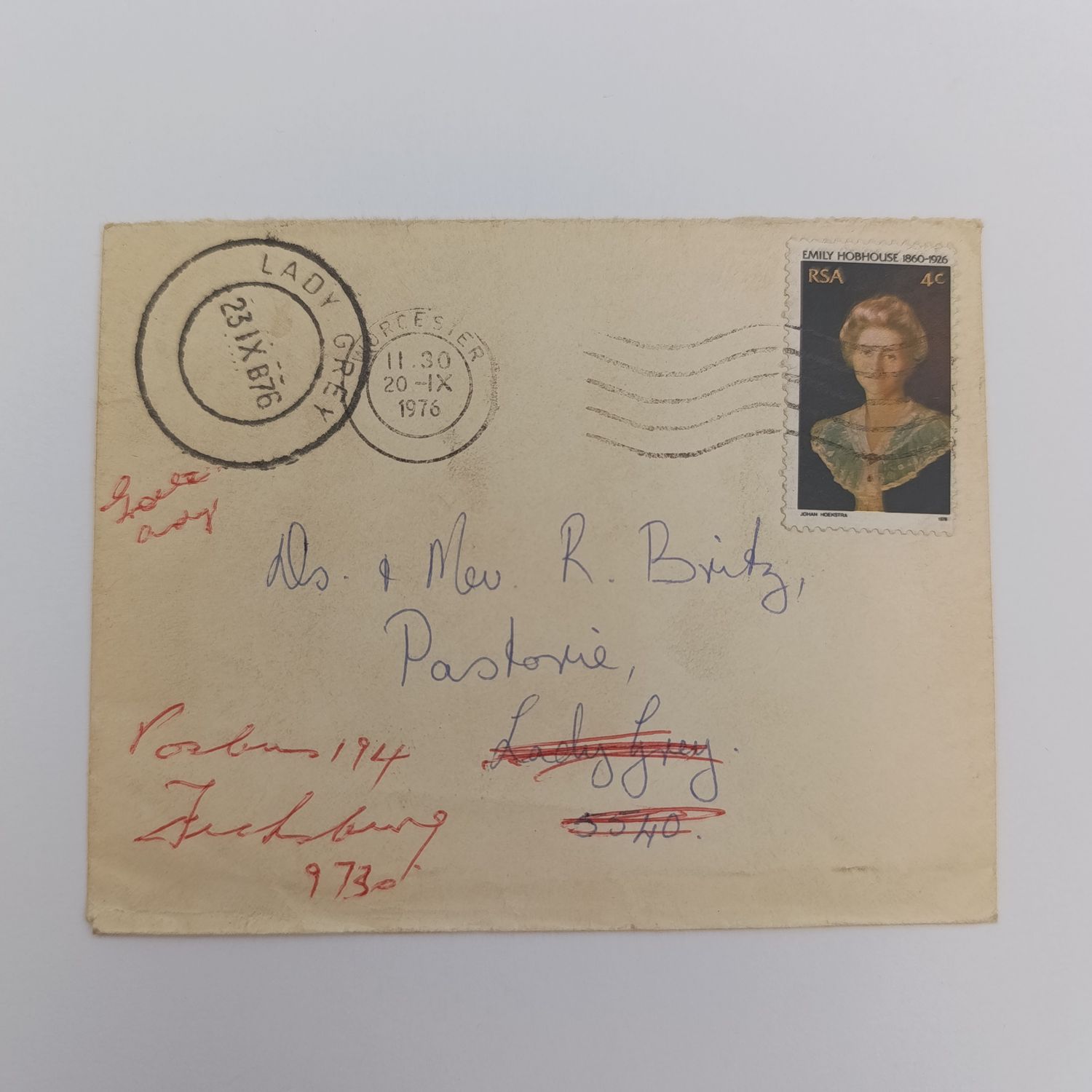 Postal Cover Worcester to Lady Grey - redirected to Ficksburg - with South African stamp and 1976 Worcester and Lady Grey cancellation