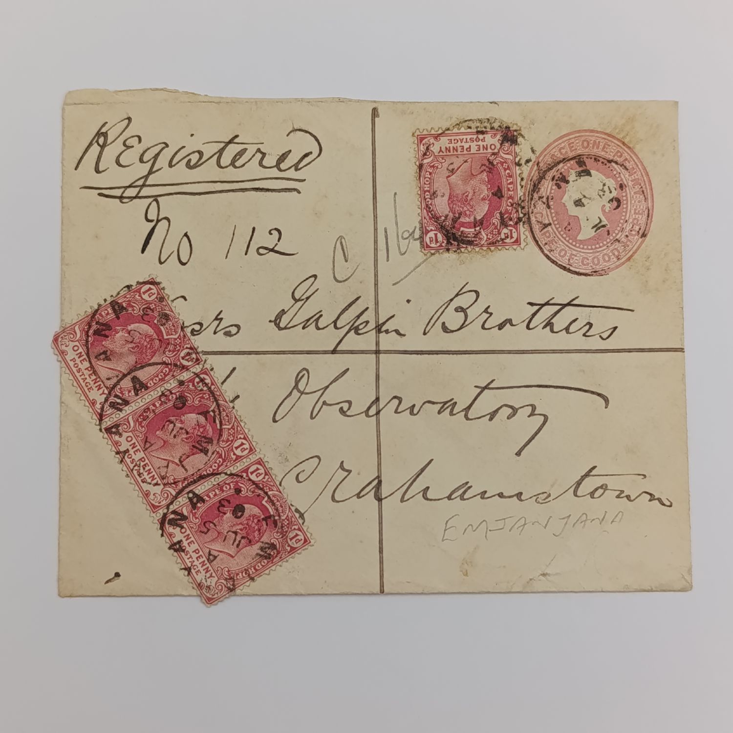 Emjanyana 1903 registered Cover to Grahamstown on prepaid Envelope - uprated - rare