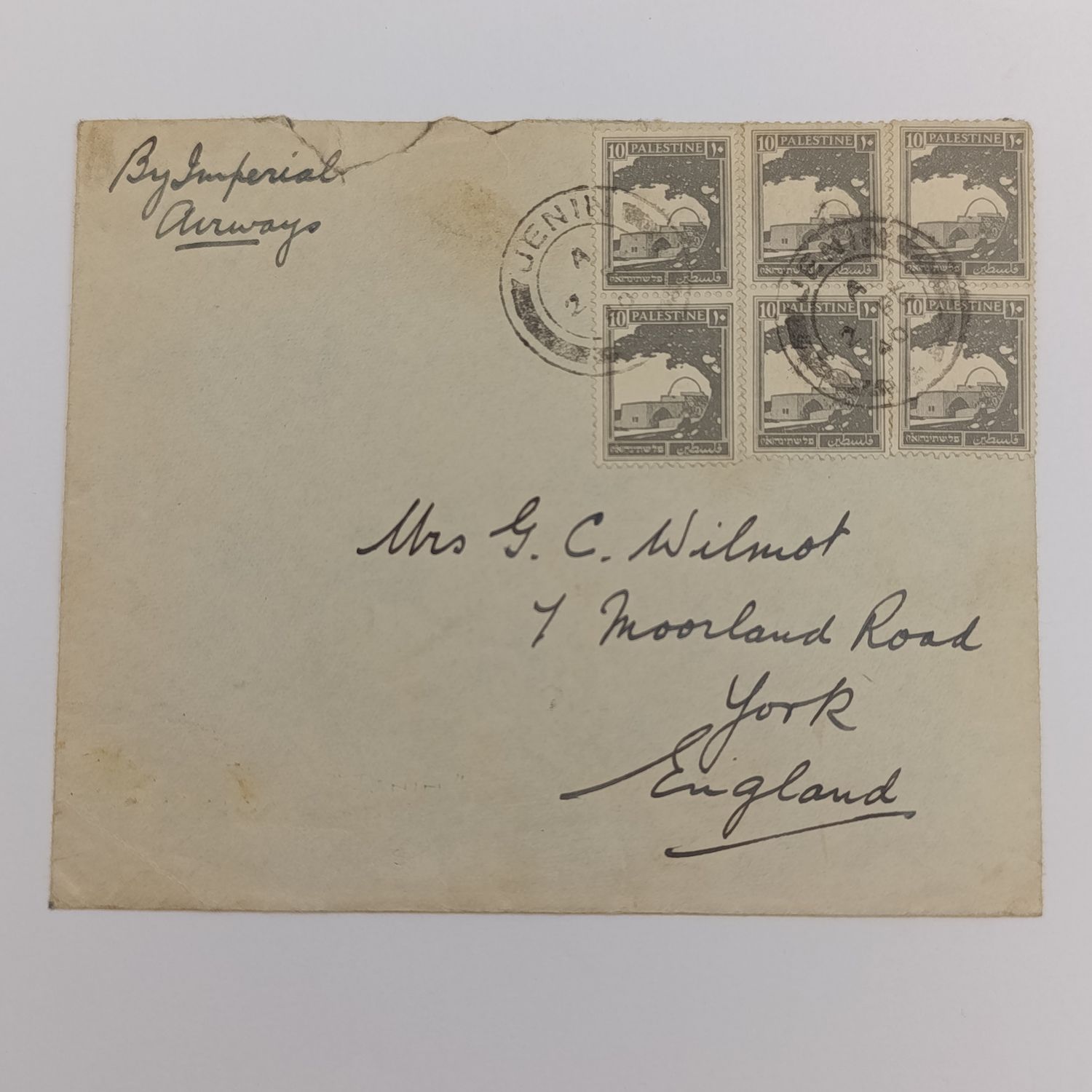 Postal cover from Jenin, Palestine to York, England with 6x 10 Mils Palestine vertical stamps - By Imperial airways