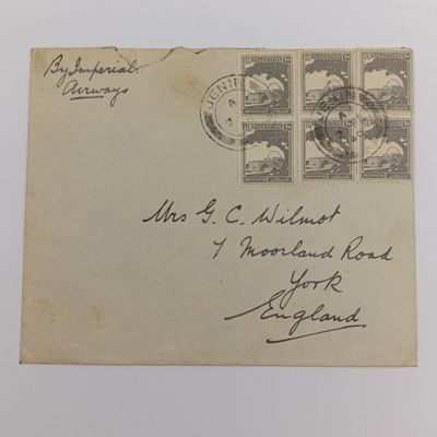 Postal cover from Jenin, Palestine to York, England with 6x 10 Mils Palestine vertical stamps - By Imperial airways