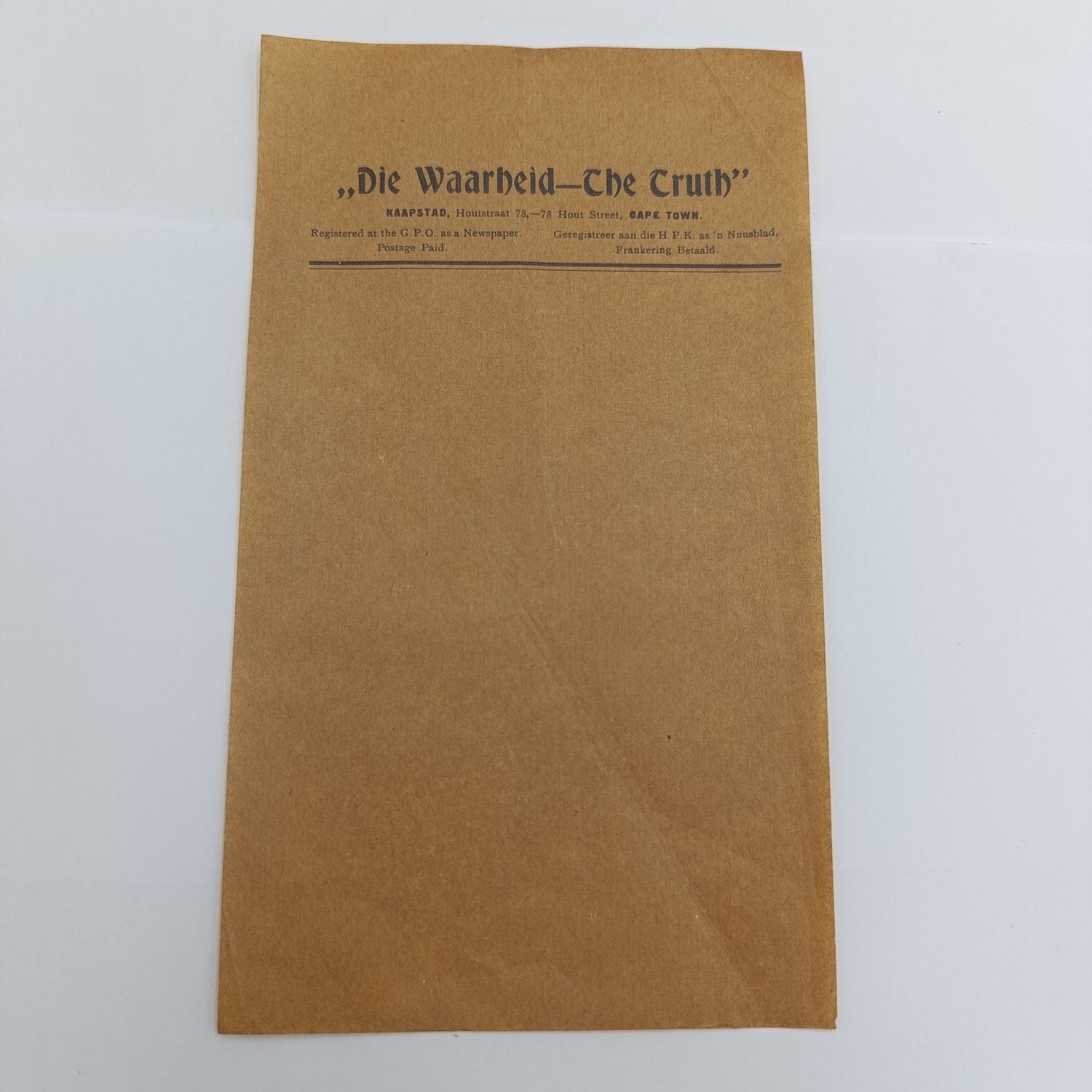 Newspaper wrapper 1930&#39;s unused for &quot;Die Waarheid - The Truth&quot;