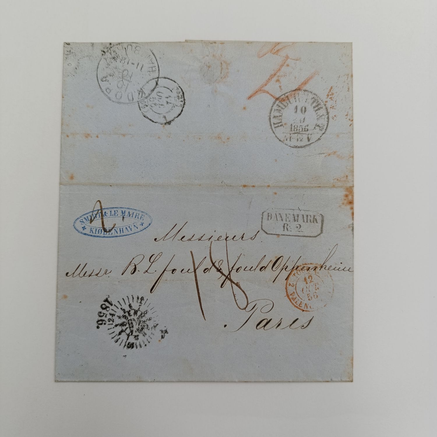 1856 letter from Copenhagen to Paris forwarded through the Danish Post office in Hamburg