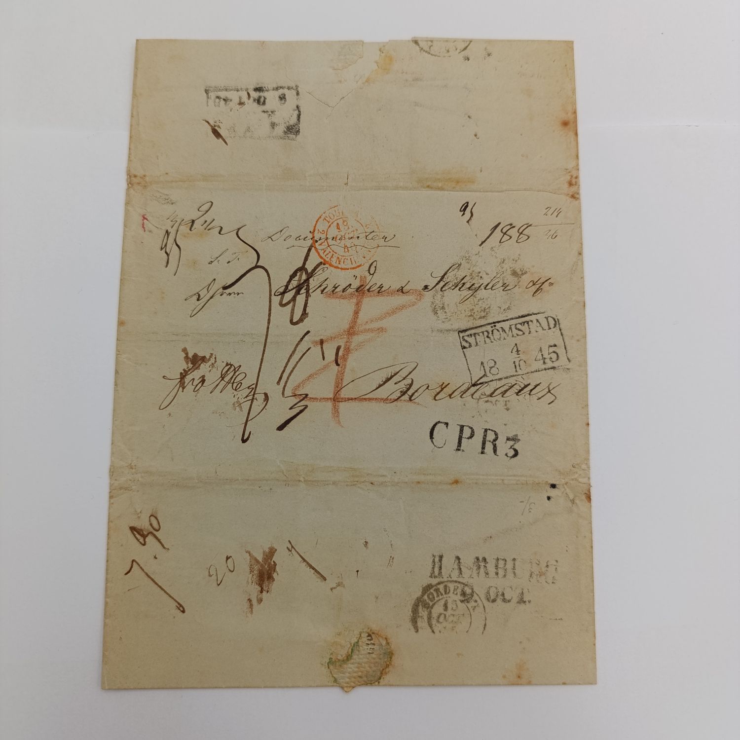 1845 Early letter from Arendat (Norway) to Bordeaux endorsed &quot;Franco Hamburg&quot;  and forwarded through the Swedish - Norwegiam Post Office in Hamburg