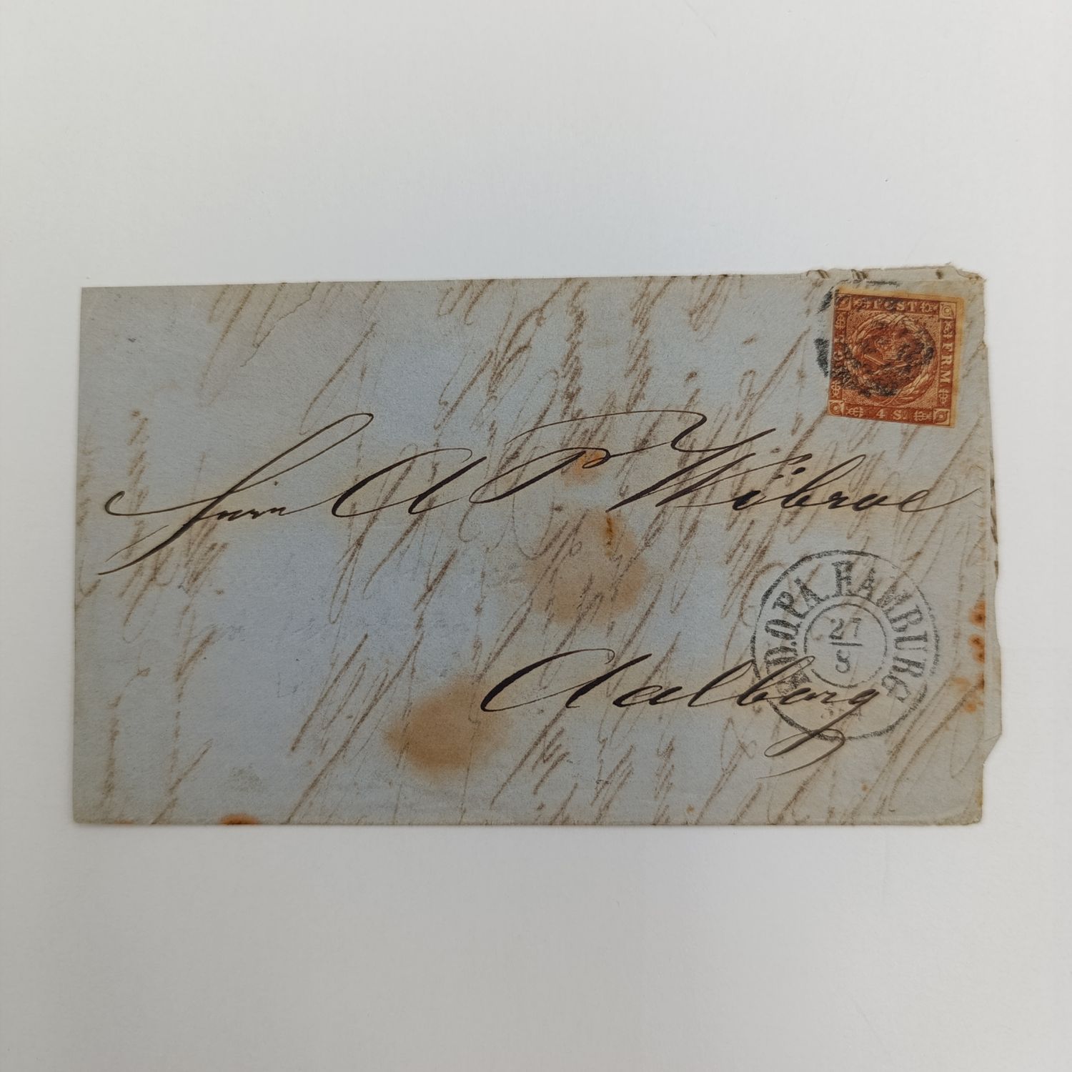 1859 Early Letter from the Danish Post Office in Hamburg to Aatborg franked with 4 Shilling