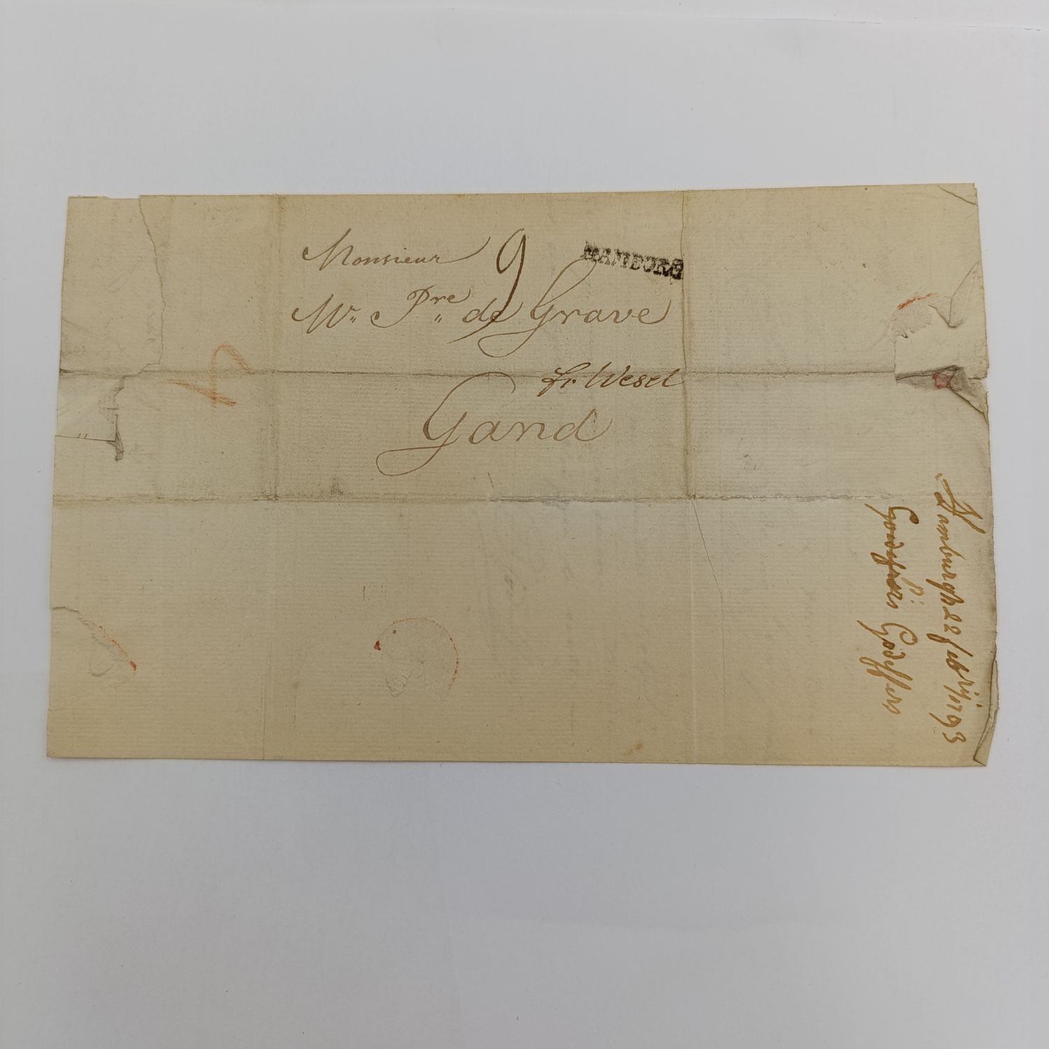 1793 Letter from Hamburg to Gand (France) endorsed &quot;fr. Wesel&quot; in manuscript