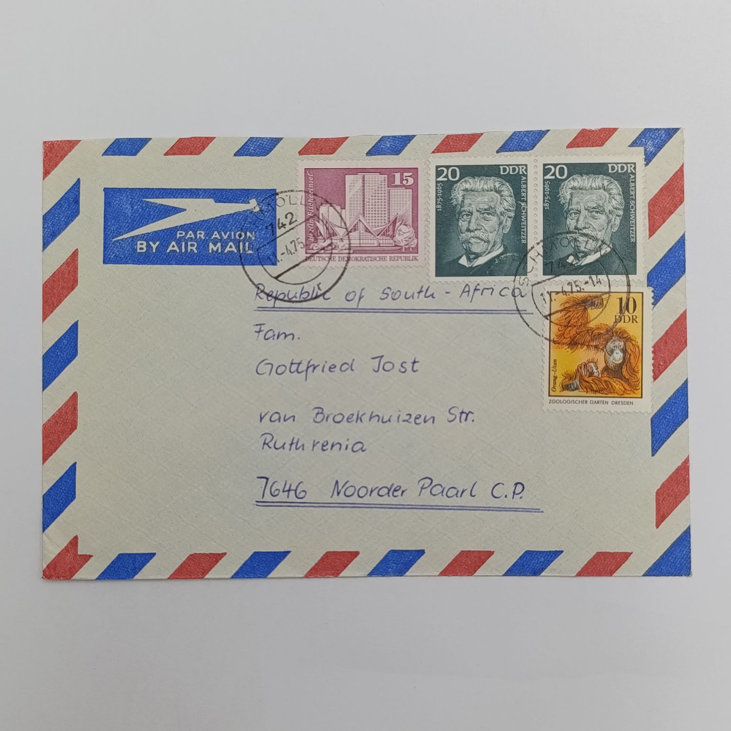 Airmail cover from Schmolln DDR to Paarl, South Africa with 4 DDR stamps cancelled on 11-4-1975