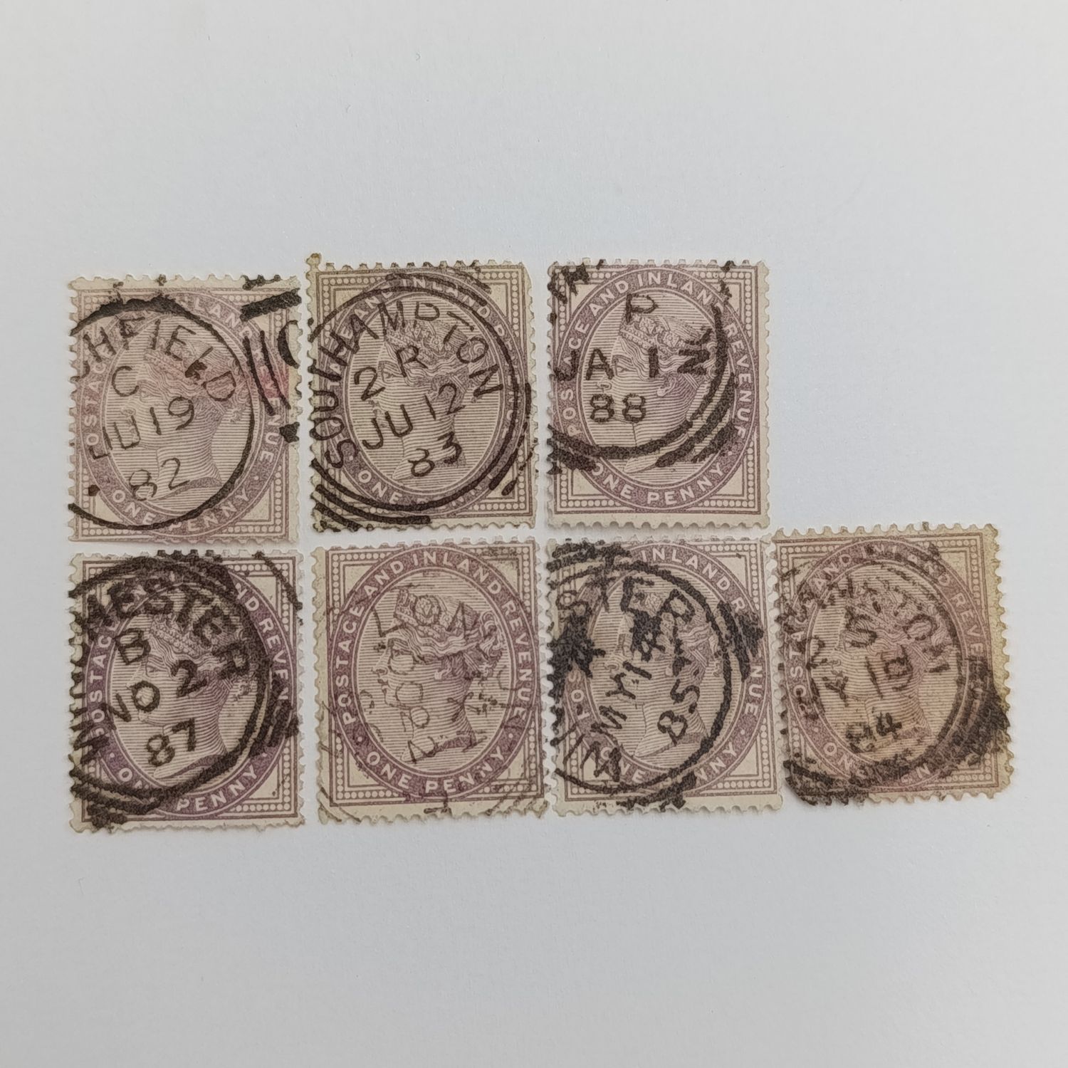 Great Britain Victoria One Penny stamps - cancelled in 1882, 1883, 1884, 1885, 1886, 1887, 1888