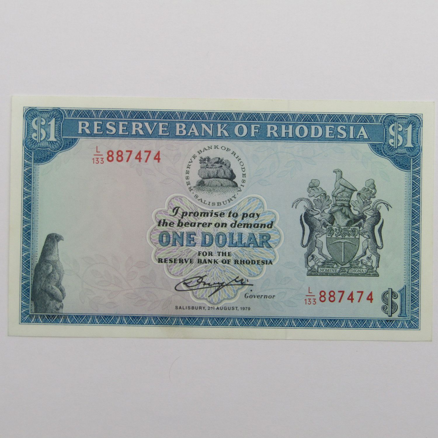 One dollar banknote uncirculated - 2 August 1979 - Discoloring at bottom