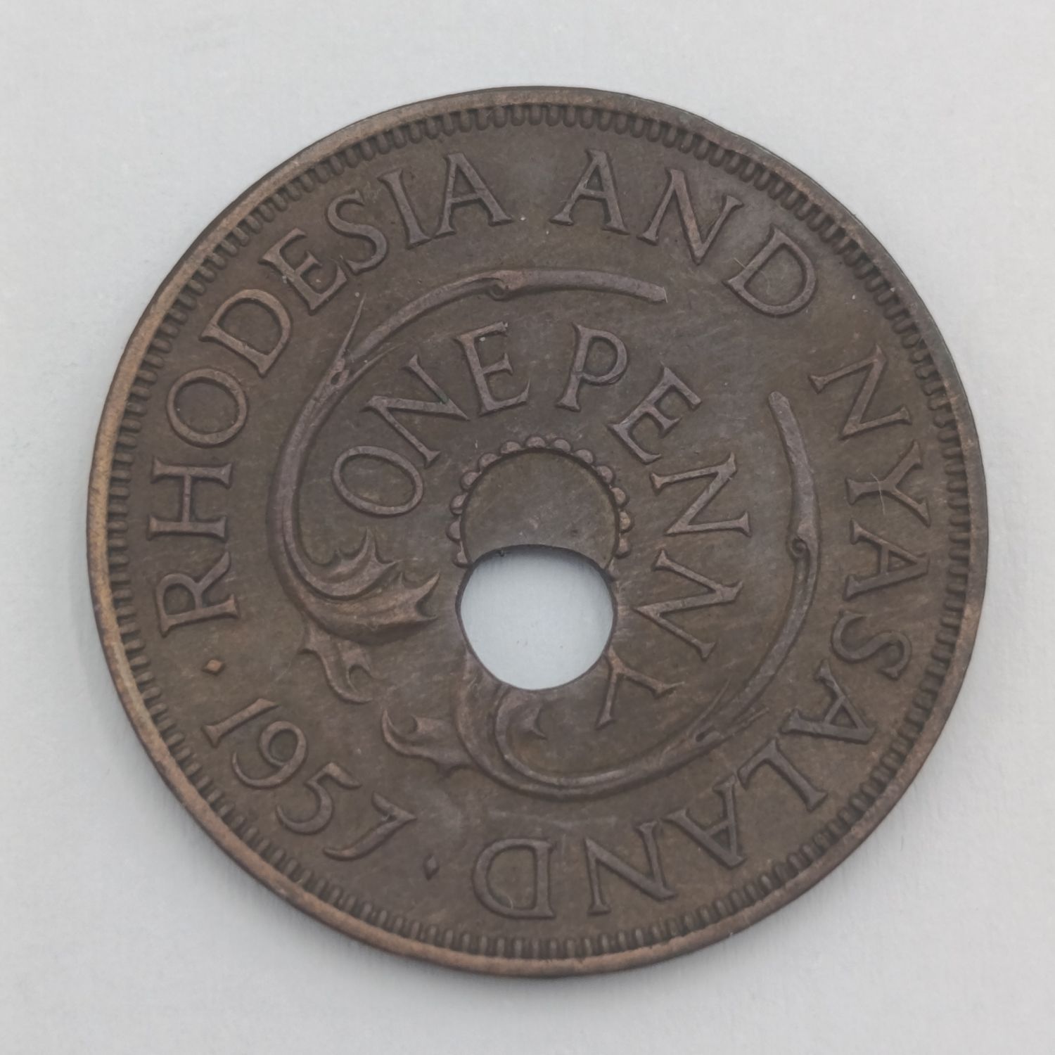 Rhodesia &amp; Nyasaland 1953 Penny with error offset center punch