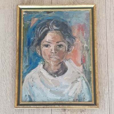 Mimi van der Merwe portrait oil painting on board - 3 small paint chips 35.5cm x 45.5cm