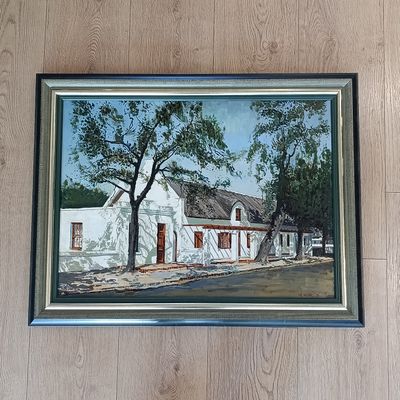 Manie Weber oil painting on canvas of building in Market Street Stellenbosch