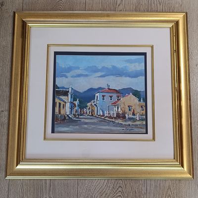Beautiful Oil Painting of town houses by Willie Strydom in frame