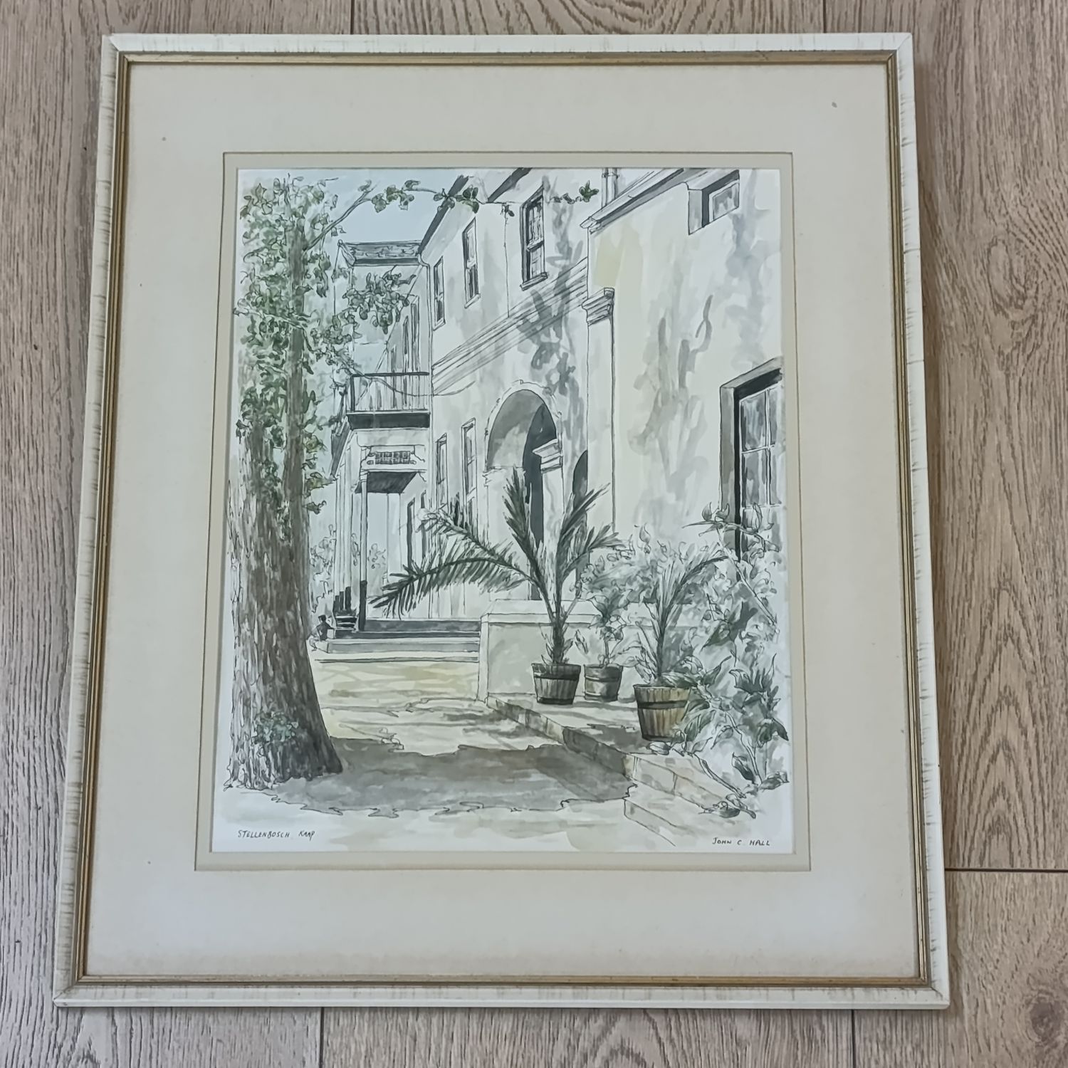 Beautiful watercolour and pen Sketch by John Chall of Stellenbosch - 41.3cm x49cm
