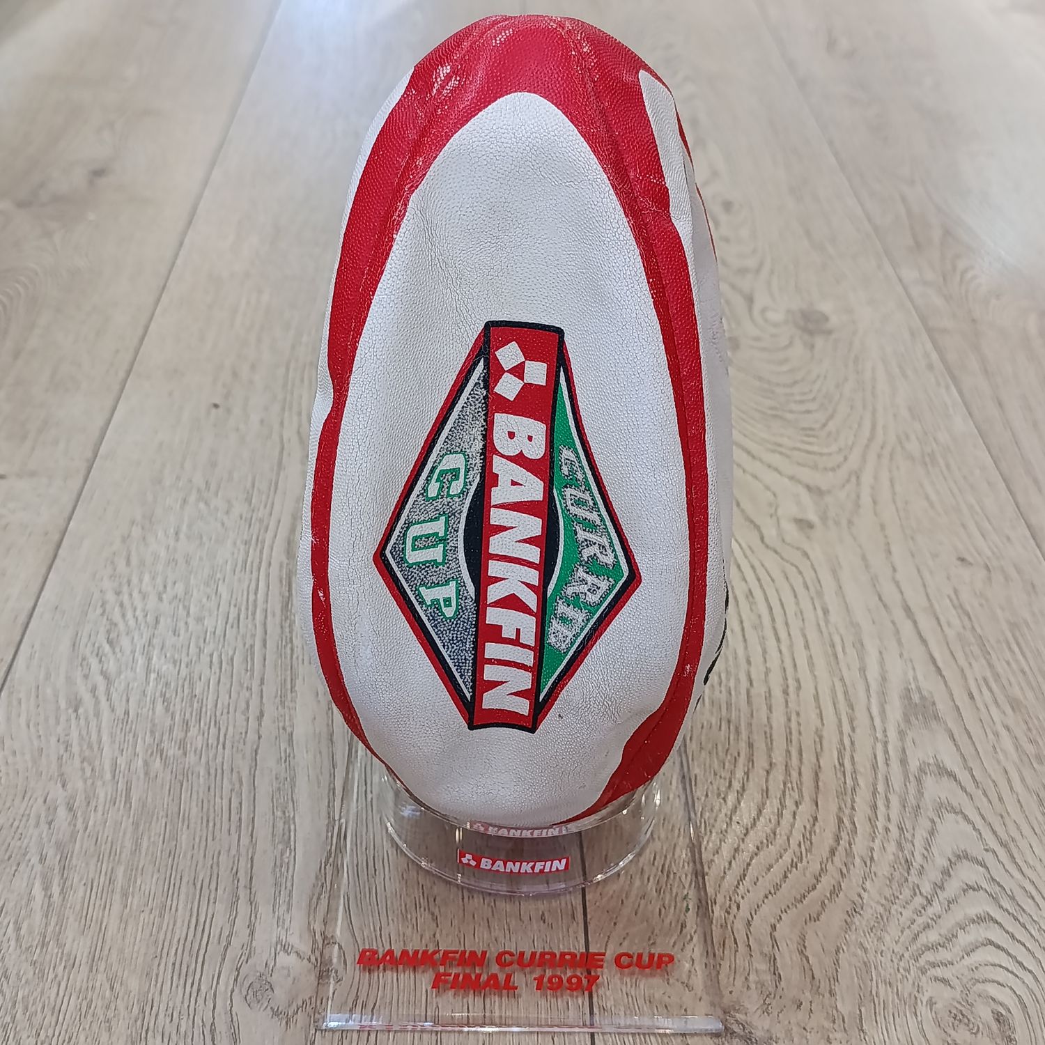 Bankfin Currie Cup Final 1997 Gilbert Rugby ball with stand - won at the game for guessing the score