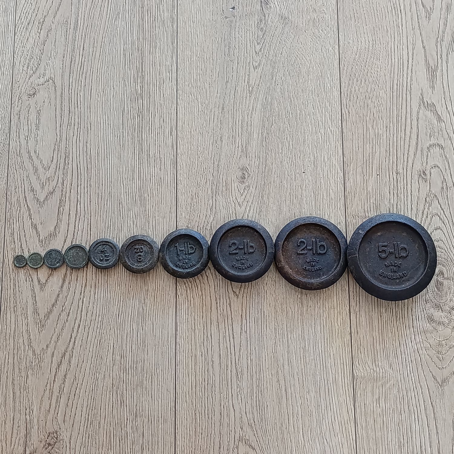 Full set of 10 Antique Scale weights - 1/4oz to 5 pounds - brass and cast iron