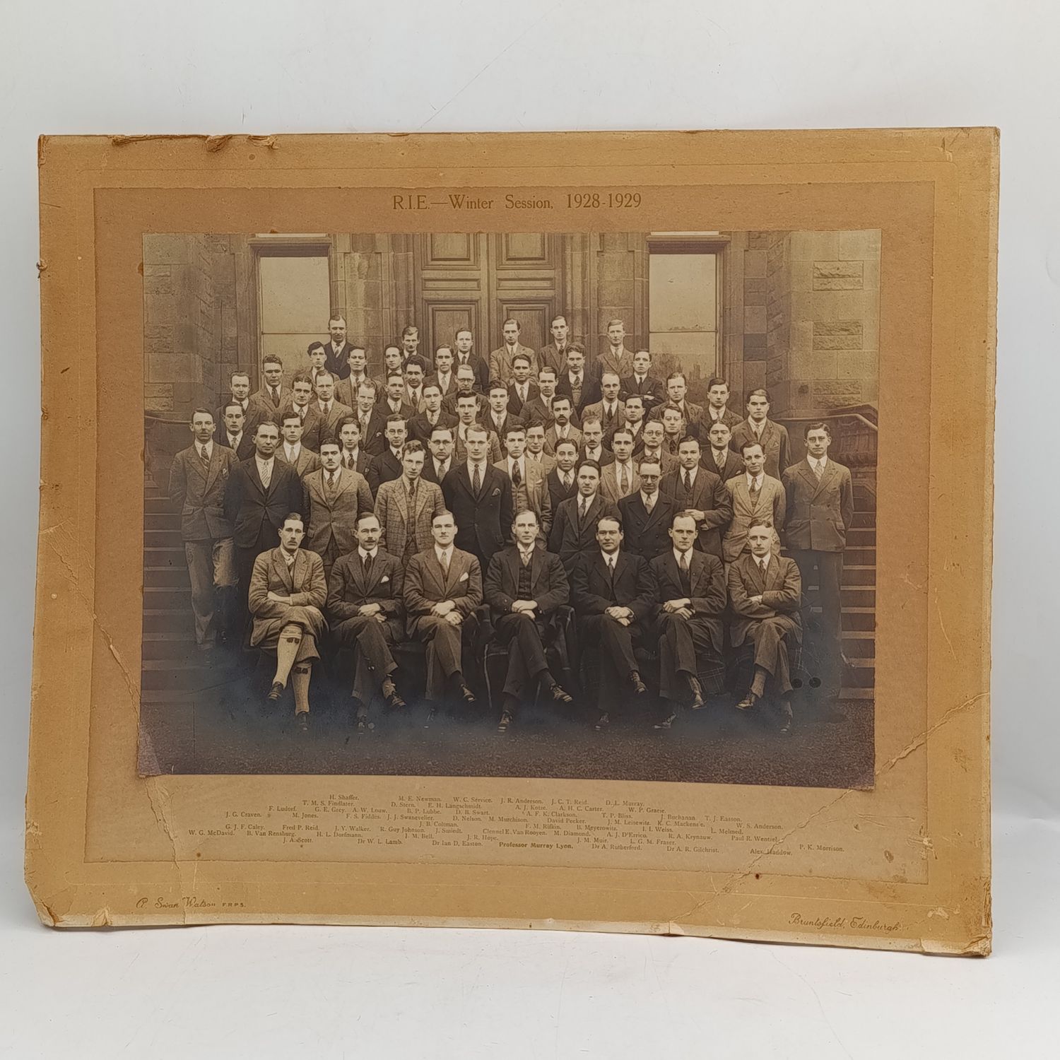 RIE Winter Session 1928-1929 group photo with names - taken in Bruntsfield, Edinburgh - some damage to card