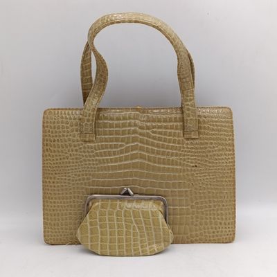 Vintage genuine leather dark beige handbag with purse some marks on the inside bat leather in perfect condition