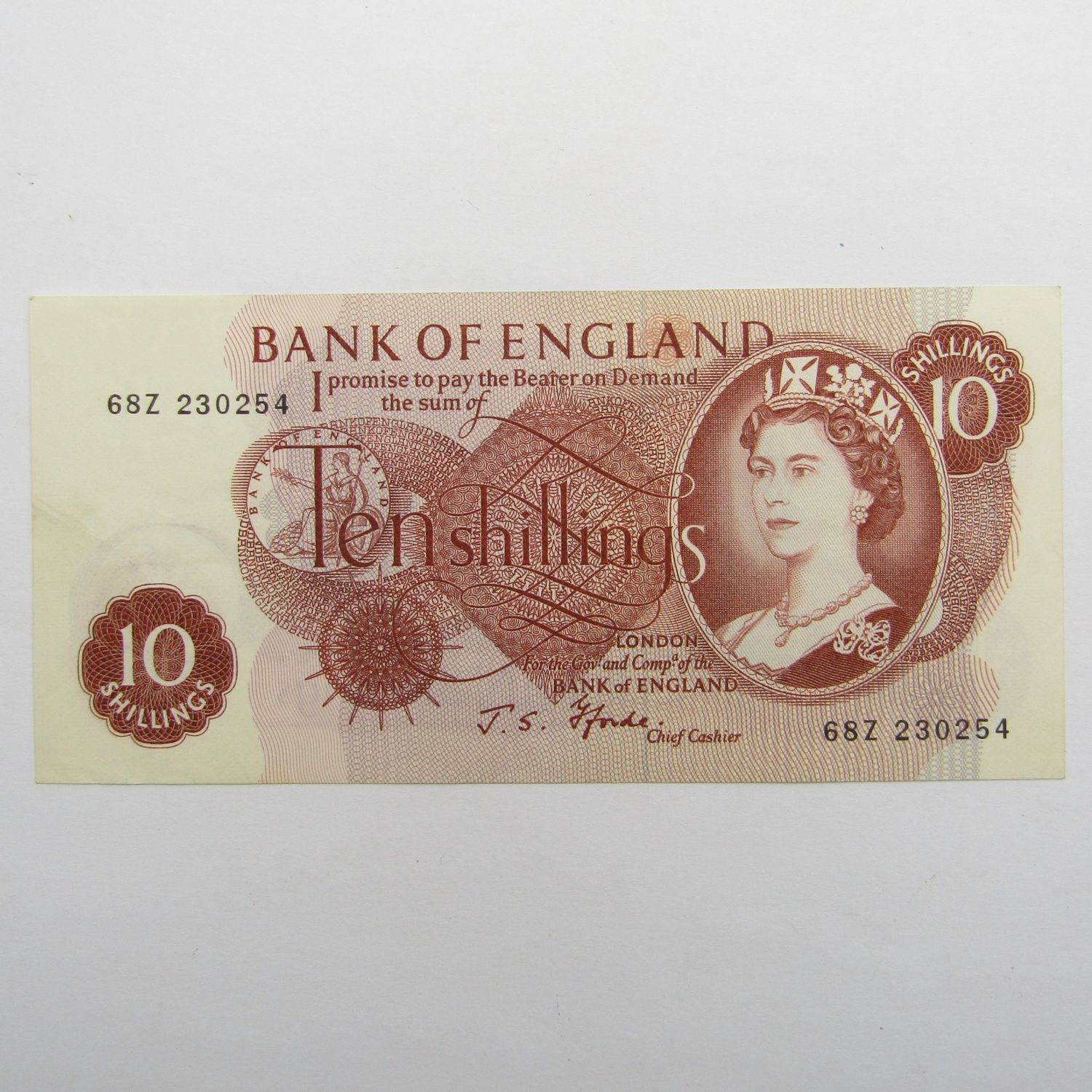 Bank of England 10 shillings banknote JS Fforde - some fine creases