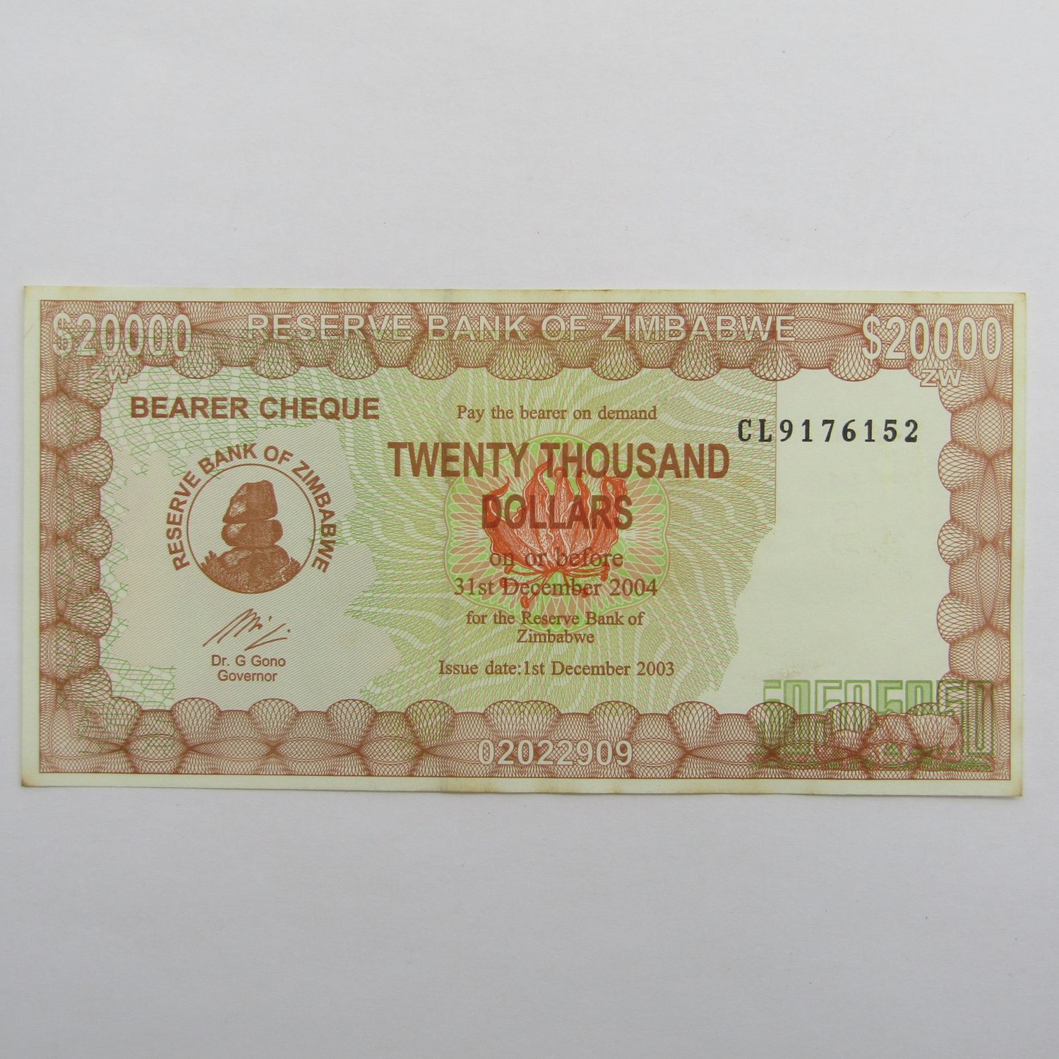 Zimbabwe $20000 Bearer Cheque issued 1 Dec 2003 - uncirculated - Rare CL proving number