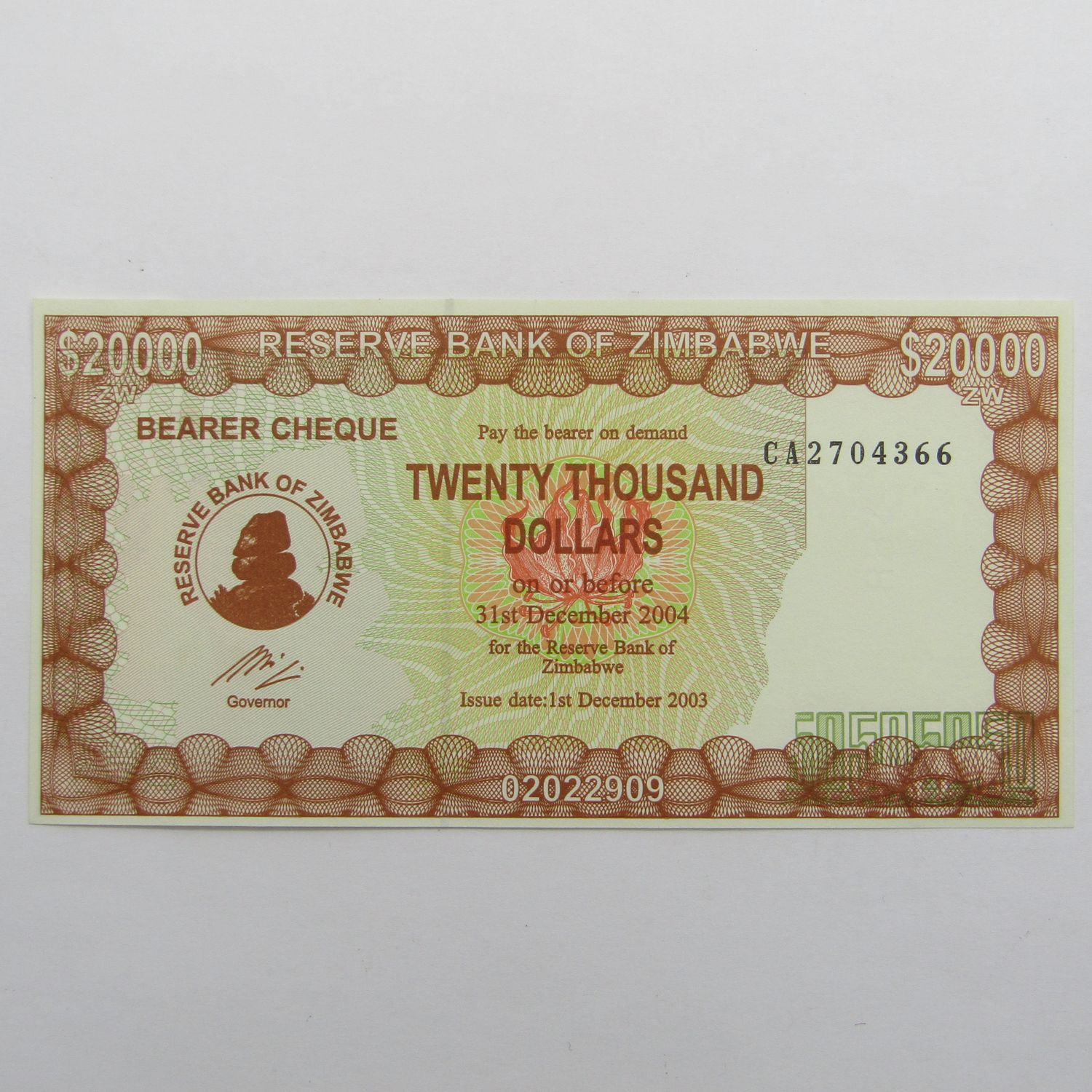 Zimbabwe $20000 Bearer Cheque issued 1 Dec 2003 - uncirculated - Rare CA number