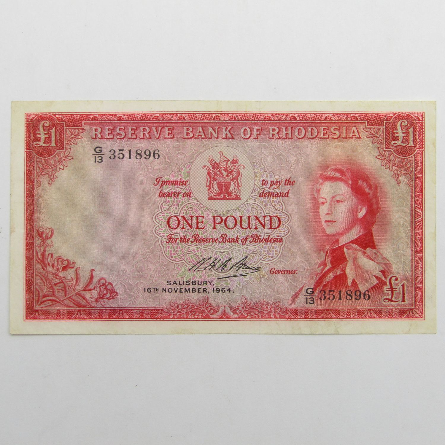 Rhodesia One Pound banknote - VF - 16 Nov 1964