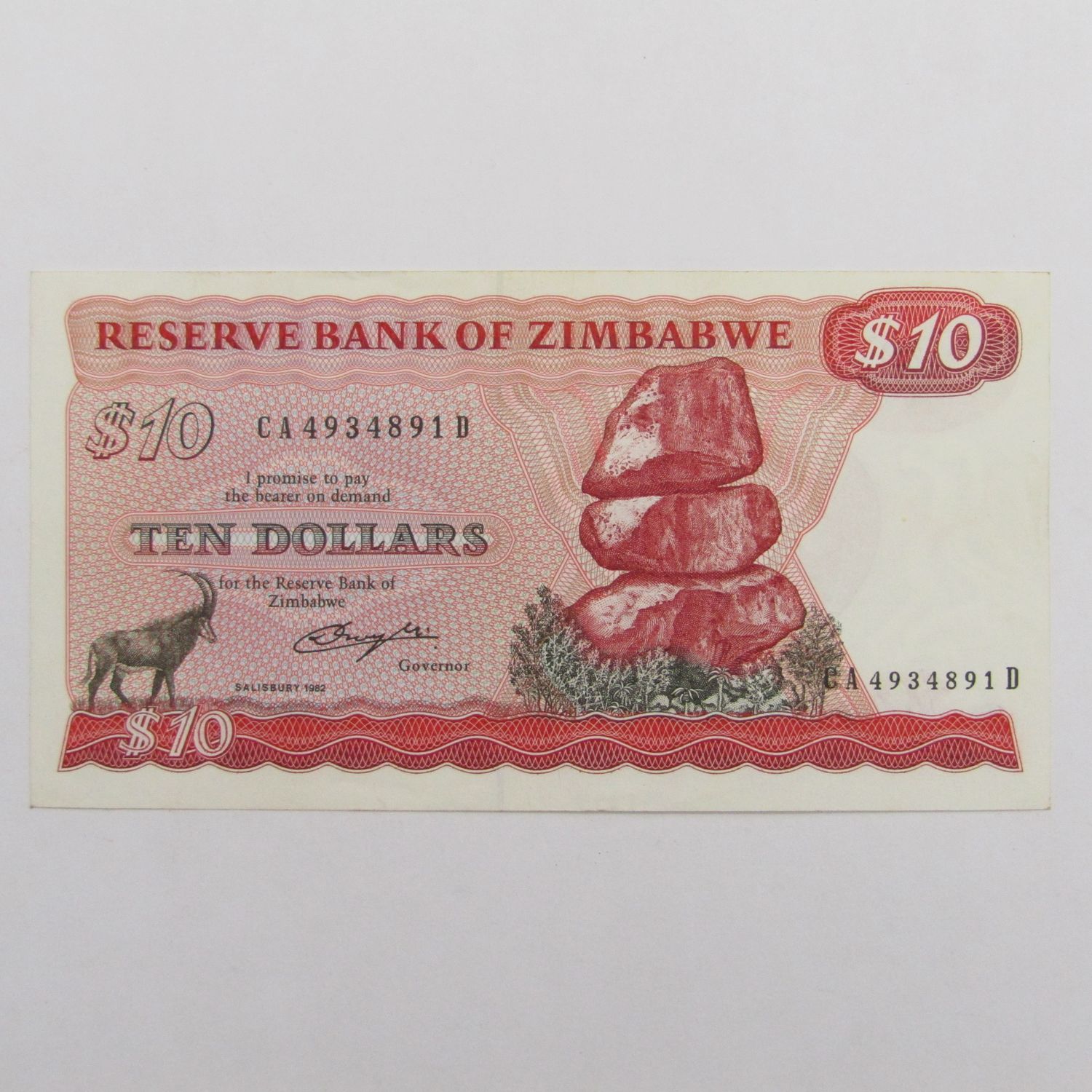 Zimbabwe 1982 10 Dollar - Pick 3b - scarce Salisbury AU++ banknote - corners slightly damaged